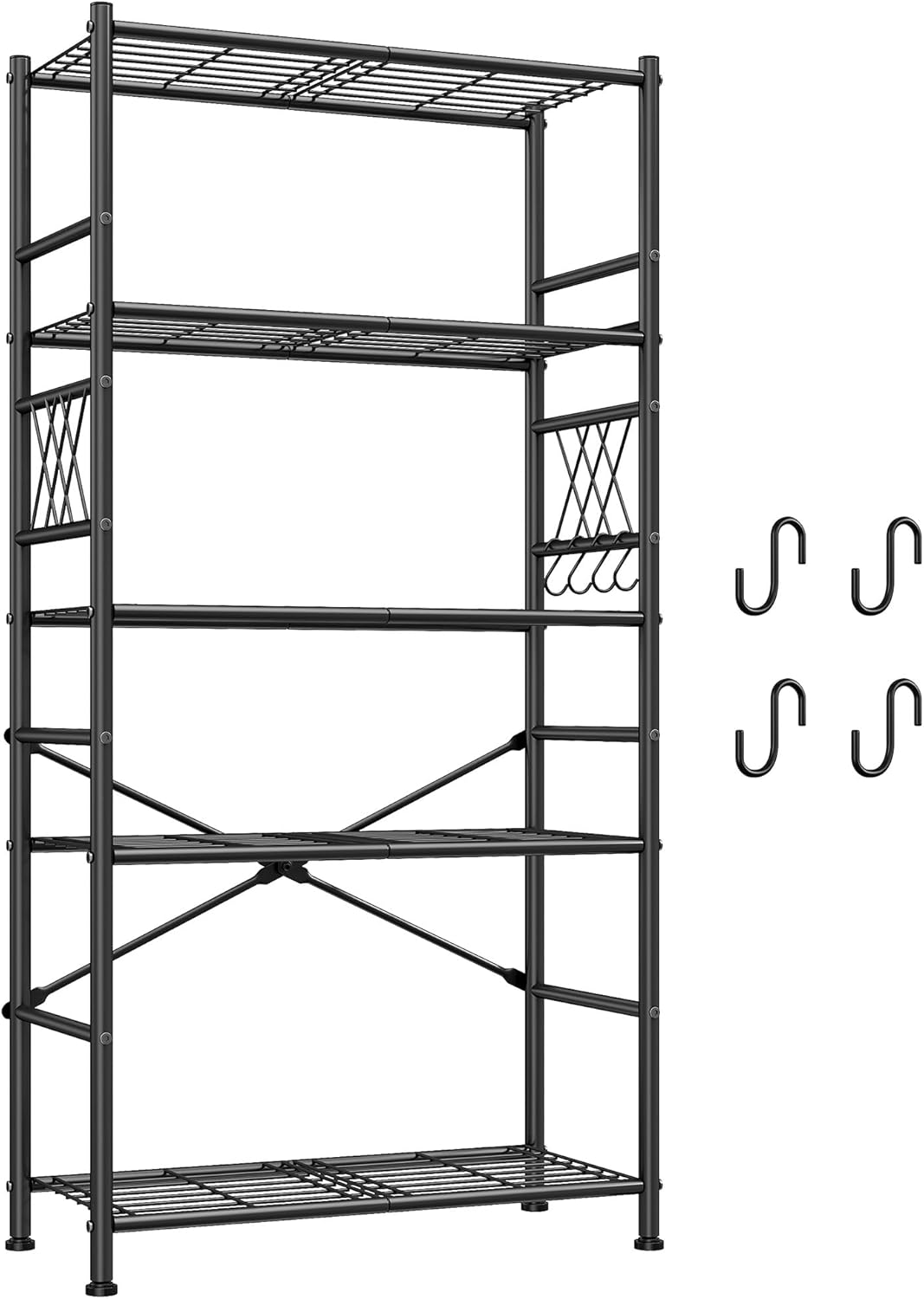 Storage Shelves 5-Tier Large Capacity Wire Shelving with Hooks, Heavy Duty Garage Shelving Unit with Leveling Feet, Stable Metal Shelf for Pantry, Kitchen and Closet, 72" H x 36" W x 12" D, Black