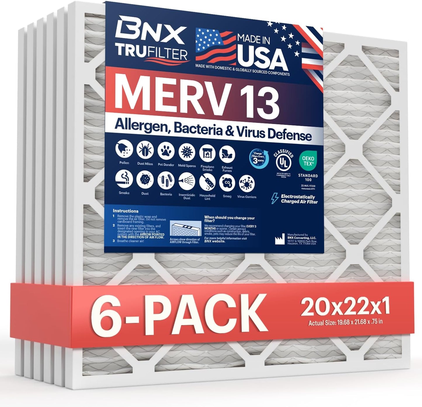BNX TruFilter 20x20x1 MERV 13 (4-Pack) AC Furnace Air Filter - MADE IN USA - Electrostatic Pleated Air Conditioner HVAC AC Furnace Filters - Removes Pollen, Mold, Bacteria, Smoke