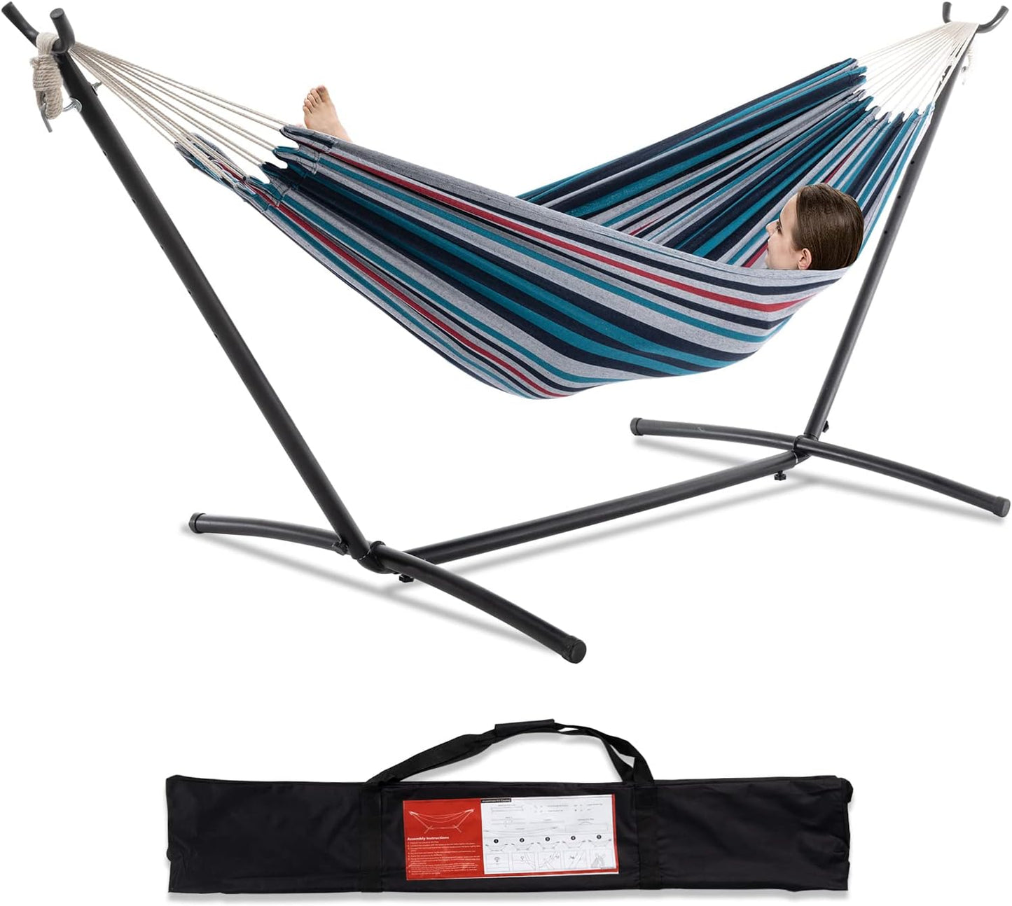 PNAEUT Double Hammocks with Stand for Outside, Portable Space Saving Heavy-Duty Steel Frame for Indoor Outdoor Patio Yard, Easy Assembly, 2 Person 450 lbs Capacity (Coffee)