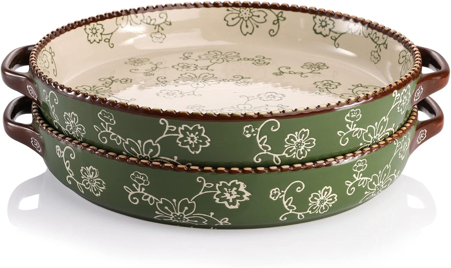 AVLA 2 Pack Ceramic Pie Pan, 9 Inch Round Baking Dish with Double Handle, 28 Ounce Deep Quiche Plate for Kitchen, Cooking, Roasting Lasagna (Sakura, Red)