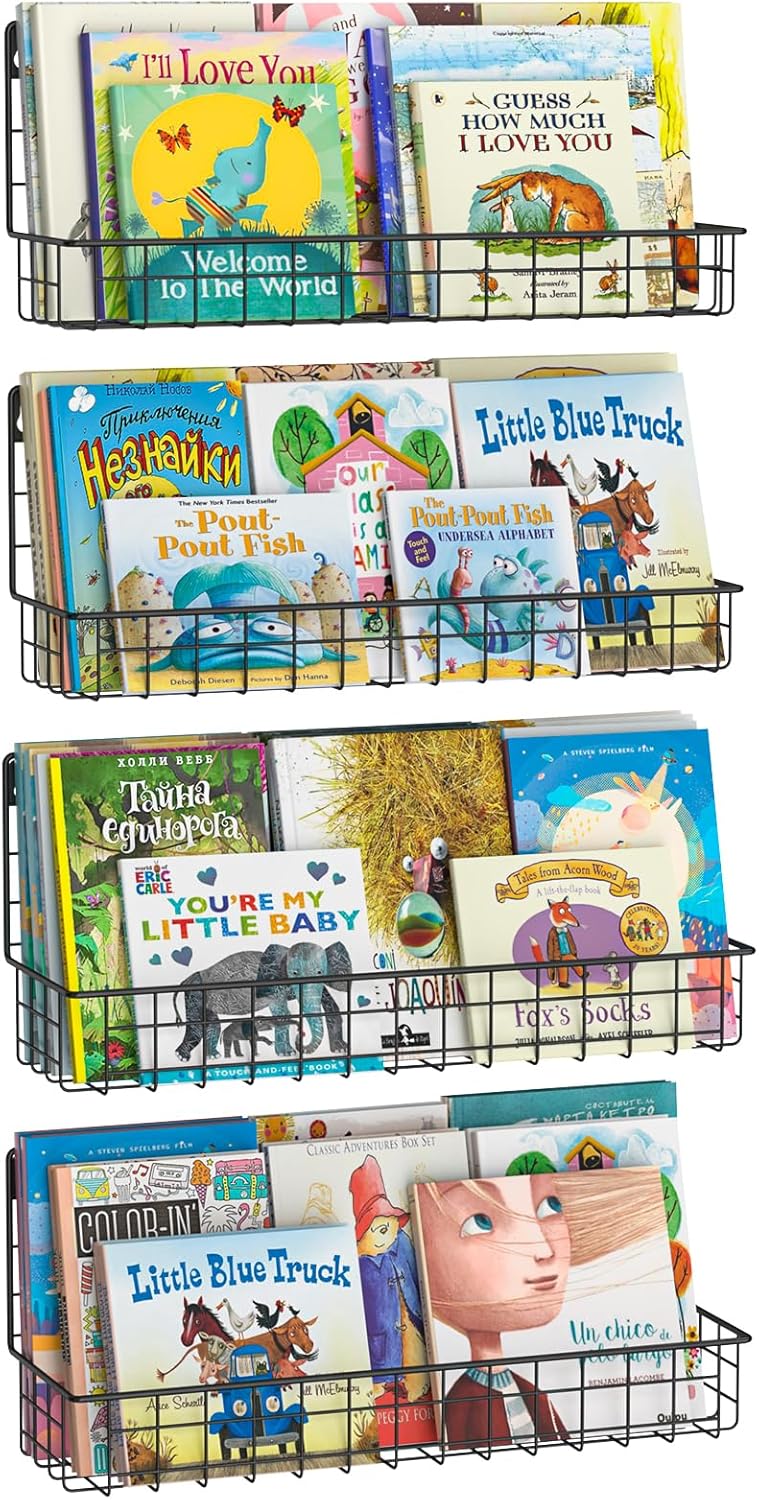 X-cosrack 24 Inch Wall Mounted Kids Bookshelf, Floating Metal Book Shelves for Kids Nursery Toddler Classroom, Hanging Book Shelf Organizer for Room Decor, Black, Set of 4