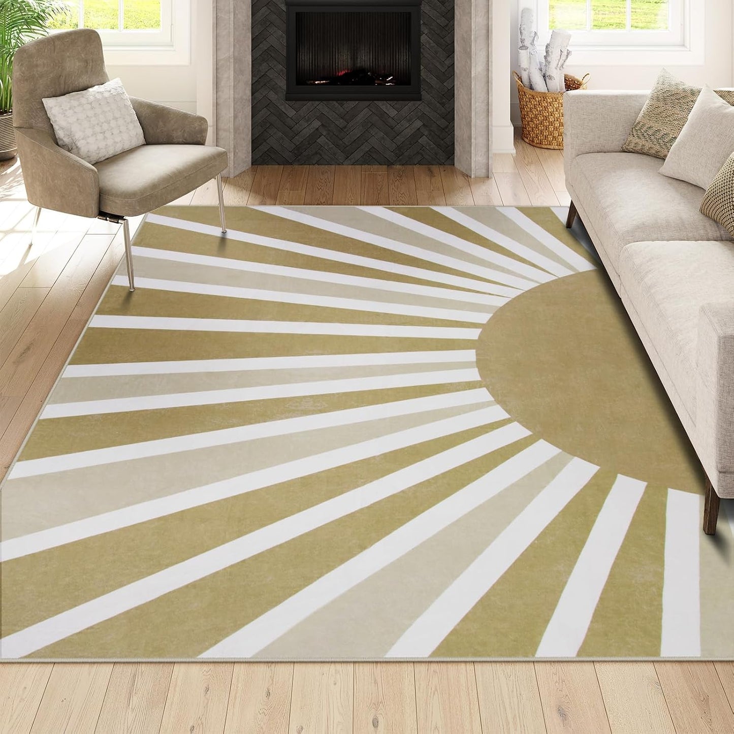 Lahome Boho Round Rugs - 4Ft Washable Non-Slip Small Round Area Rug Throw Soft Sofa Kids Nursery Room Rug Rainbow Sun Print Distressed Round Carpet for Bedroom Entryway Living Room Dining Room