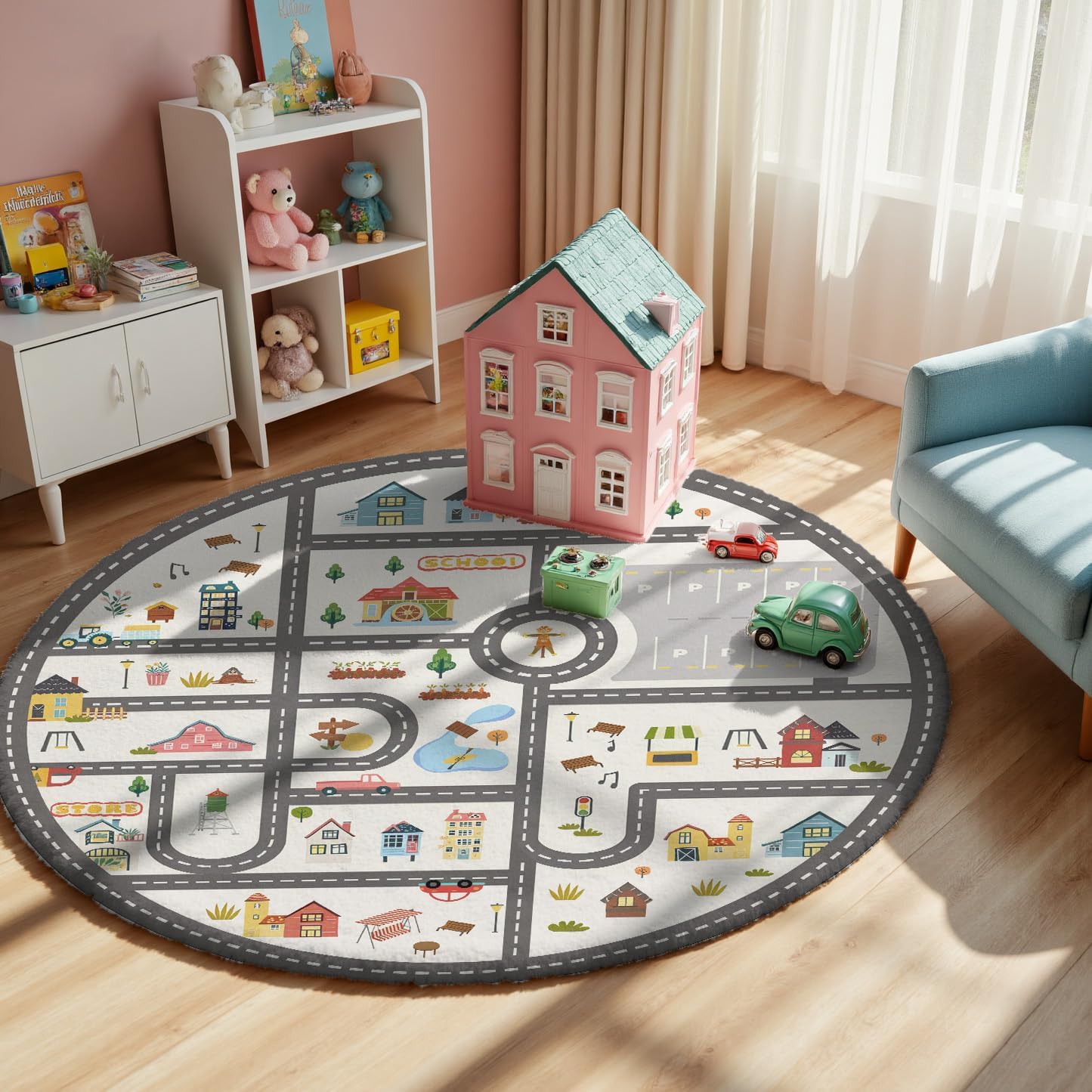 5x7ft Kids Town Road Play Rug - Non-Slip Faux Wool Carpet with Interactive City Map Design, Educational Toy Vehicle Mat for Kids, Bedroom Playroom Nursery Gift.