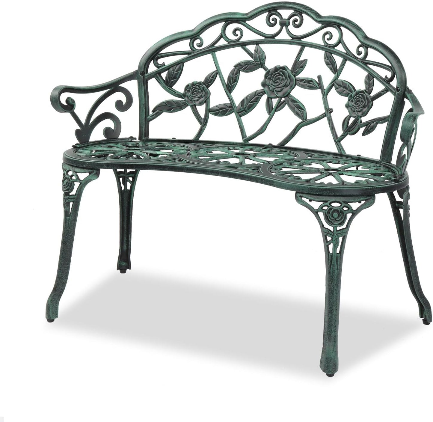 VINGLI 38.5" Patio Park Garden Outdoor Metal Rose Bench, 2-Person Cast Iron Cast Aluminium Frame Antique Finish Chair,Accented Lawn Front Porch Path Yard Decor Deck Furniture (Bronze, Rose)