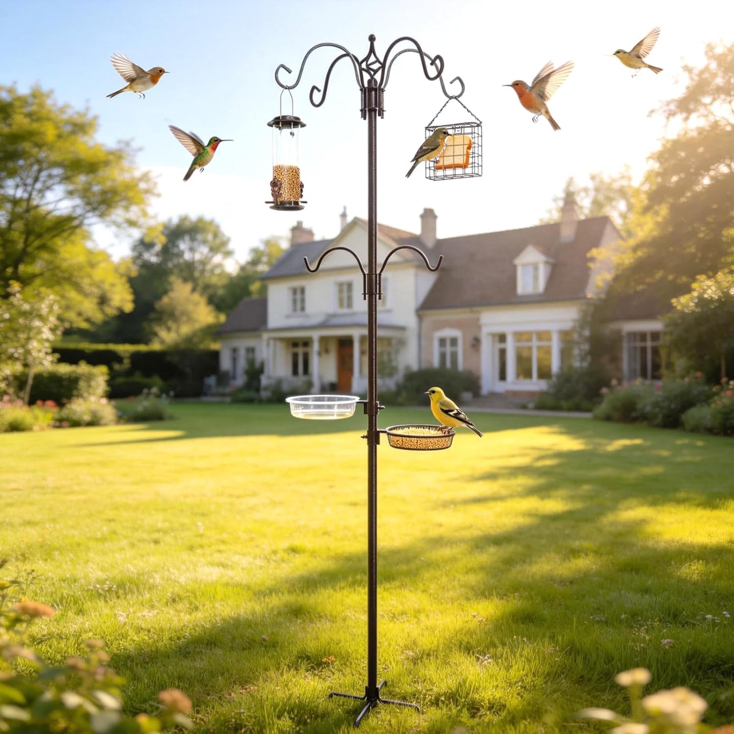 94" Bird Feeding Station Kit with Metal Squirrel Baffle, Heavy Duty Metal Bird Feeding Station with Seed Tray＆Mesh Basket, Easy Assembly Ground Mounted Bird Feeder Pole for Garden Yard Outdoor