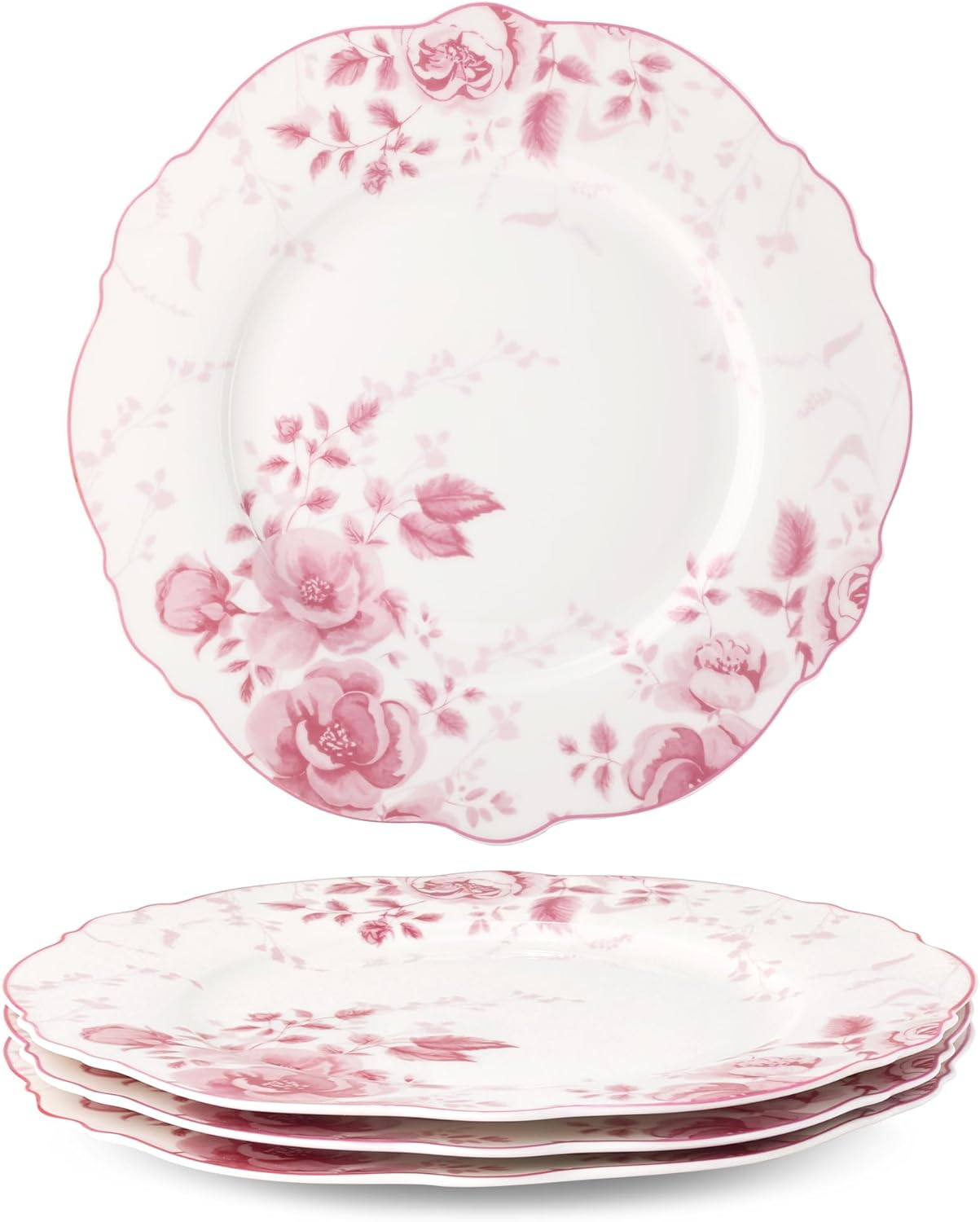 fanquare 8.5 Inch Pink Floral Dessert Plate Sets of 4 British Elegant Porcelain Snack Appetizer Dinner Plates Service Microwave & Dishwasher Safe