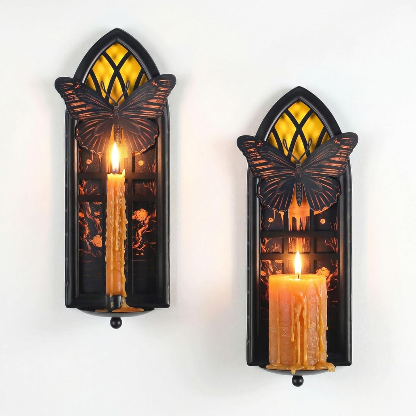 Gothic Wall Candle Sconces Set of 2, Wrought Iron Crow Wall Mounted Candelabra Holder with Removable Trays for Taper & Pillar Candles, Medieval Cathedral Window Design, Dark Academia Decor