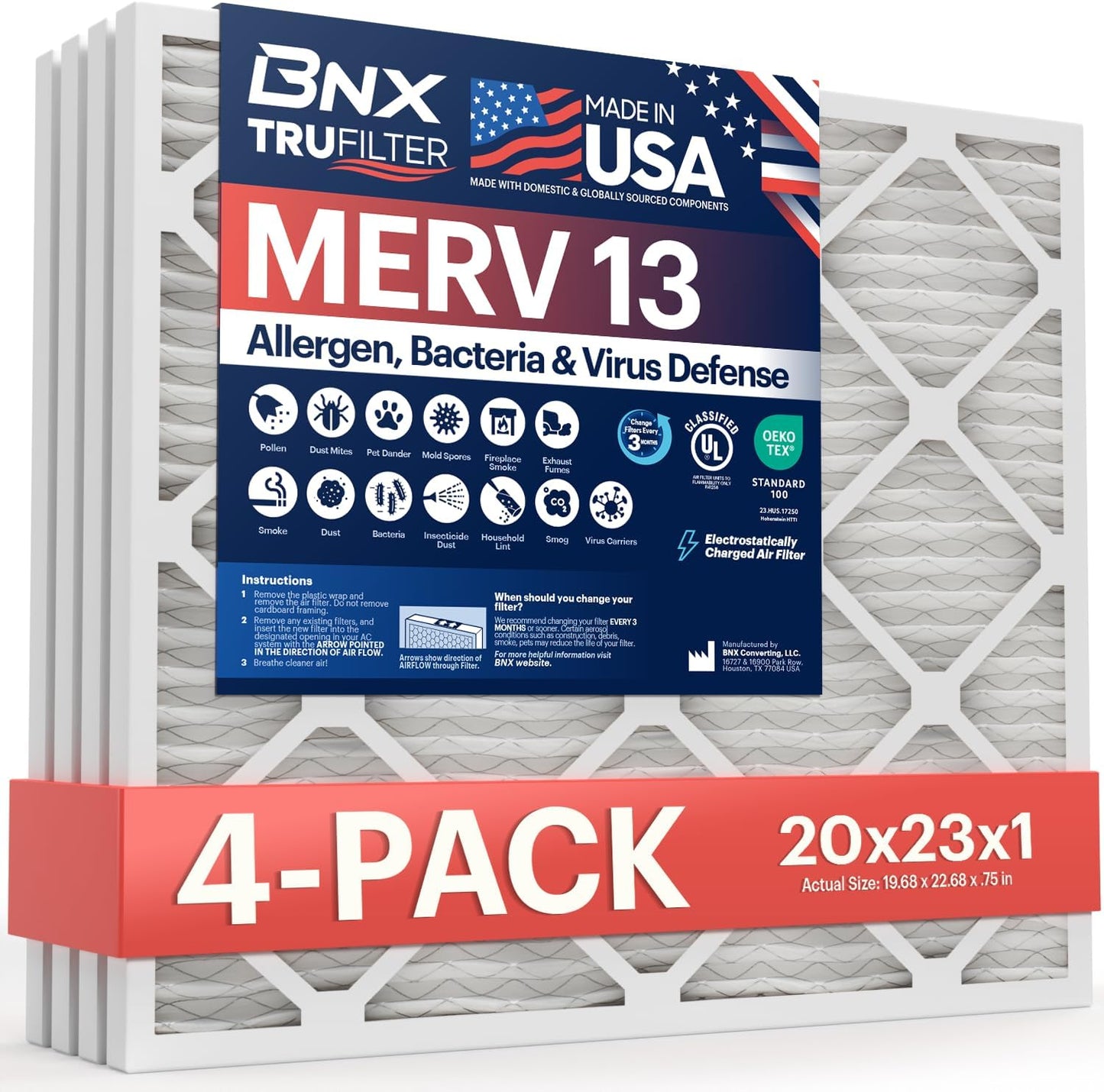 BNX TruFilter 20x20x1 MERV 13 (4-Pack) AC Furnace Air Filter - MADE IN USA - Electrostatic Pleated Air Conditioner HVAC AC Furnace Filters - Removes Pollen, Mold, Bacteria, Smoke
