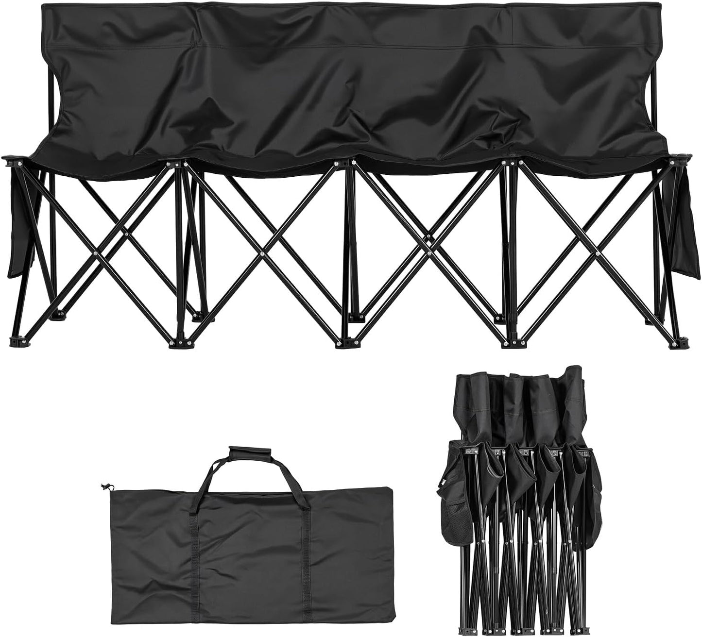 VEVOR Portable Folding B ench, 6 Seats Foldable Sideline B ench, Outdoor Camping Bench Chair with Carry Bag & Backrest, Team Sport Sideline B ench, No Assembly Instant Seating, Black