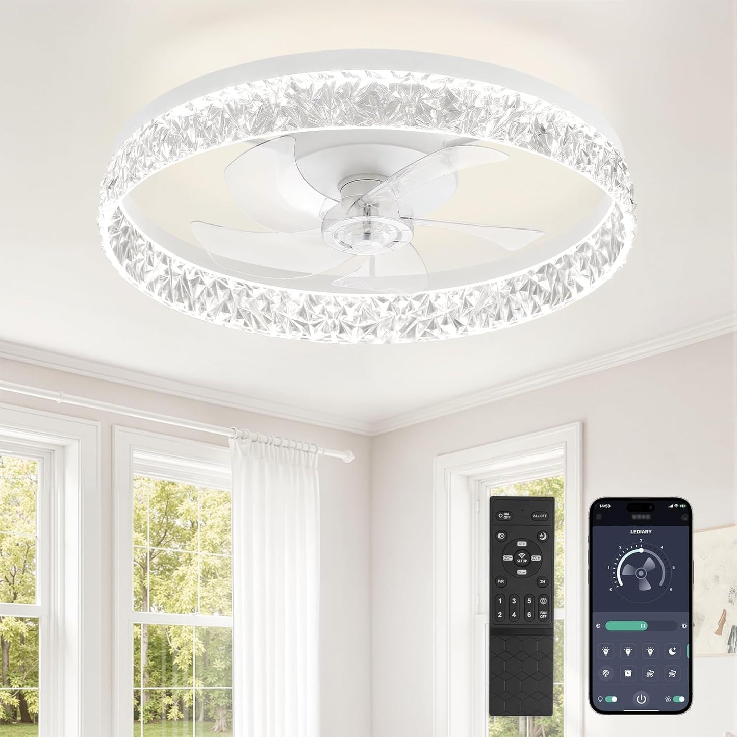 LEDIARY 20 Inch Low Profile Ceiling Fans with Lights and Remote, Fandelier Ceiling Fan Flush Mount, 3000K-6000K Dimmable LED Fan Light, White Modern Ceiling Fans with Lights for Bedroom