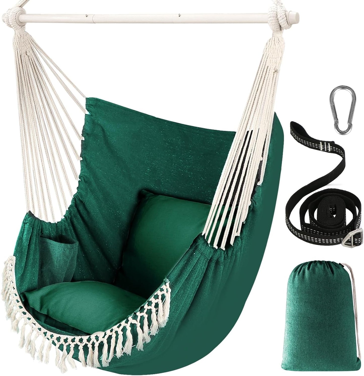 Chihee Hammock Chair Hanging Swing Max 500 Lbs 2 Cushions Included Steel Spreader Bar with Anti-Slip Grooves Portable Hanging Chair Side Pocket Large Macrame Bohemian Chair Indoor Outdoor