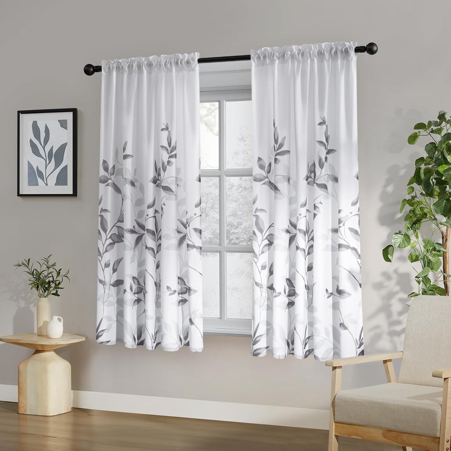 HOMEIDEAS Non-See-Through Pink and White Privacy Sheer Curtains 52 X 63 Inch Length 2 Panels, Leaf Floral Printed Light Filtering Semi Sheer Window Curtains Drapes for Bedroom Living Room