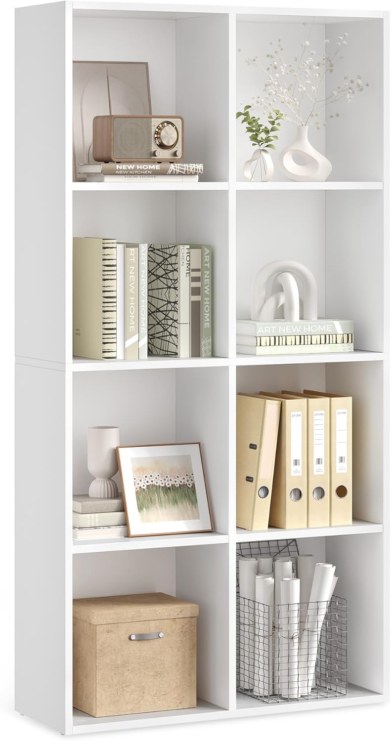 VASAGLE Bookcase, Bookshelf, Freestanding Storage Unit, 8 Open Compartments, Used Horizontally, Vertically, Upside Down, 11 x 35.4 x 39.4 Inches, for Living Room, Study, Office, Cloud White ULBC55WT
