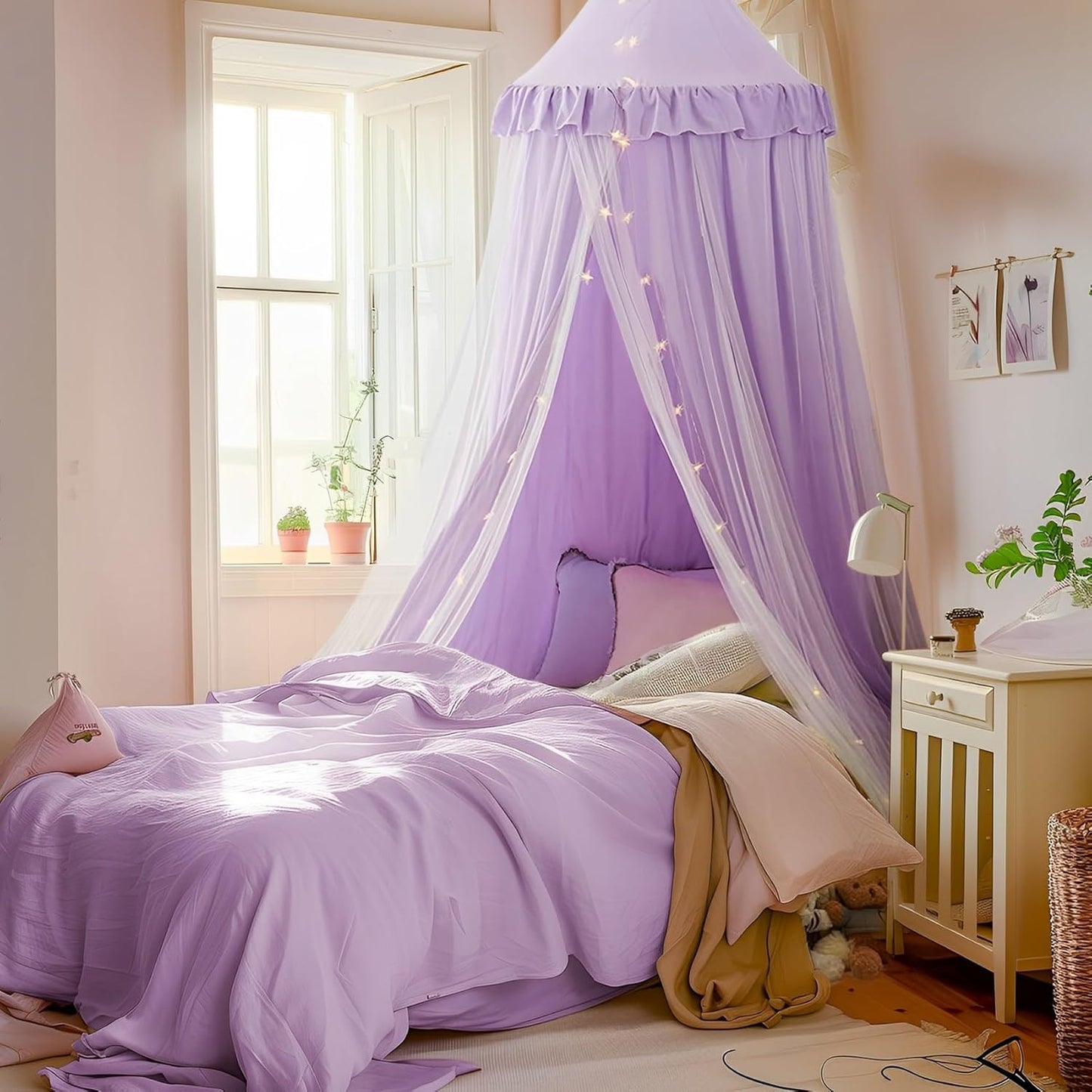 little dove Bed Canopy with Star Lights, Double Layer Canopy for Bed, Princess Play Tent for Girls Room, Breathable Bed Curtain for Children Reading Nook, Machine Washable, 25.6''x106'', Pink