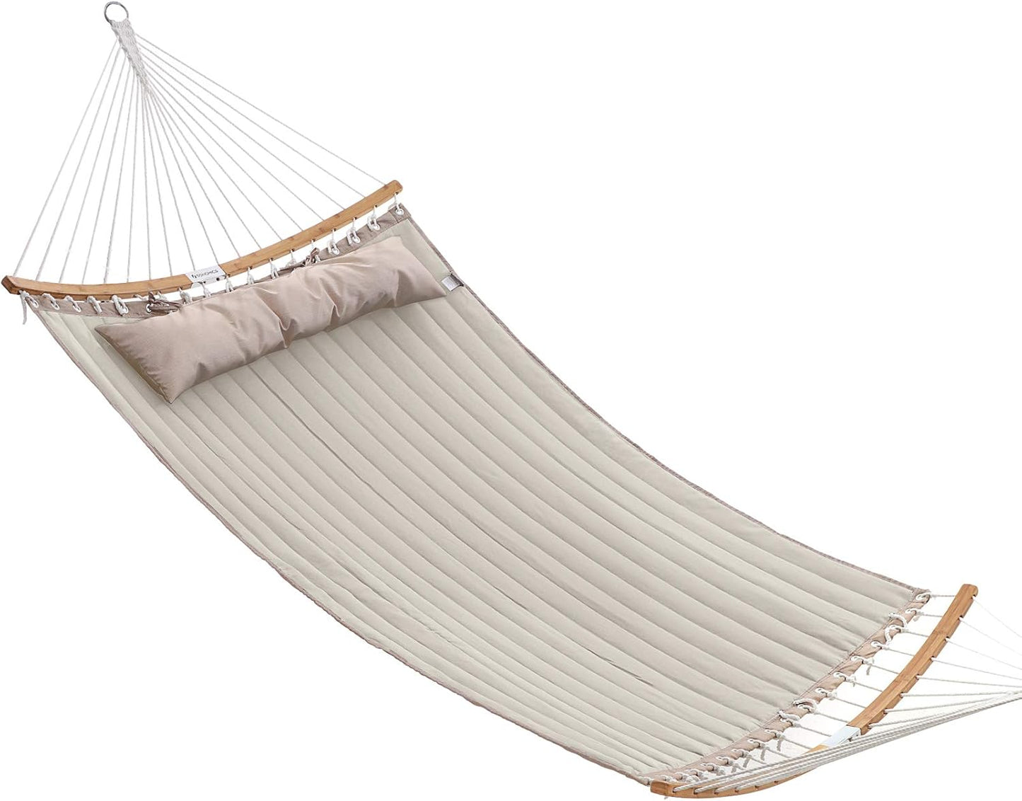 SONGMICS Hammock, Quilted Hammock with Curved Bamboo Spreaders, Pillow, 78.7 x 55.1 Inches, Portable Padded Hammock Holds up to 495 lb, Gray and Beige UGDC34CG