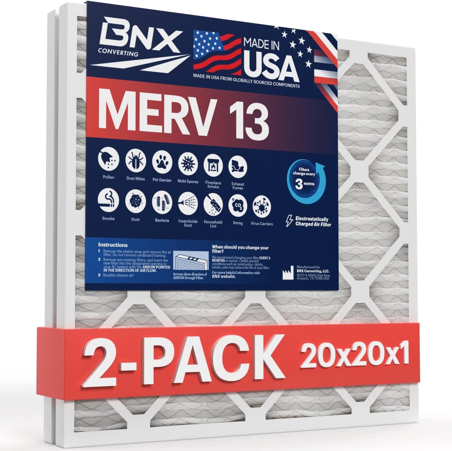 BNX TruFilter 20x20x1 MERV 13 (4-Pack) AC Furnace Air Filter - MADE IN USA - Electrostatic Pleated Air Conditioner HVAC AC Furnace Filters - Removes Pollen, Mold, Bacteria, Smoke