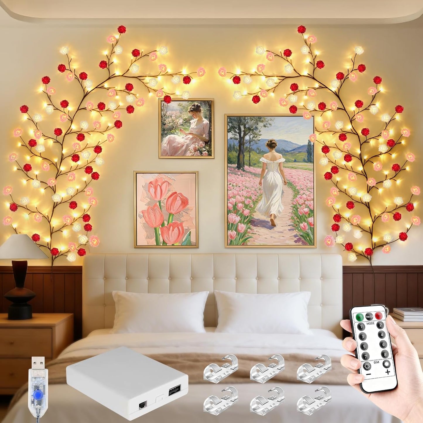 Cherry Enchanted Willow Vine Lights, 4FT 48LED Pink Cherry Blossom Tree Branch Lights for Wall, Remote Timer,8 Light Model,Bedroom Wall Doors Wedding, Christmas, USB Battery Box