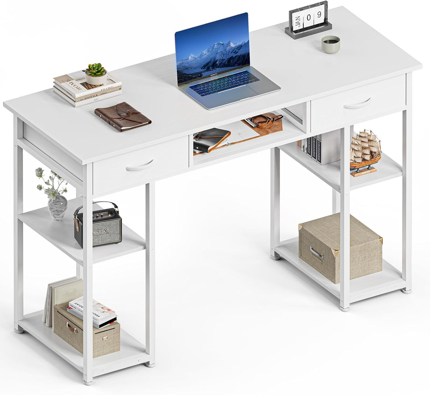 Sweetcrispy Computer Desk with Drawers, 47 Inch Home Office Bedroom Table with 4 Fabric Drawers & 2 Mesh Storage Shelves, Wood Table with X-Shaped Structure for Writing Study PC Desk, Brown