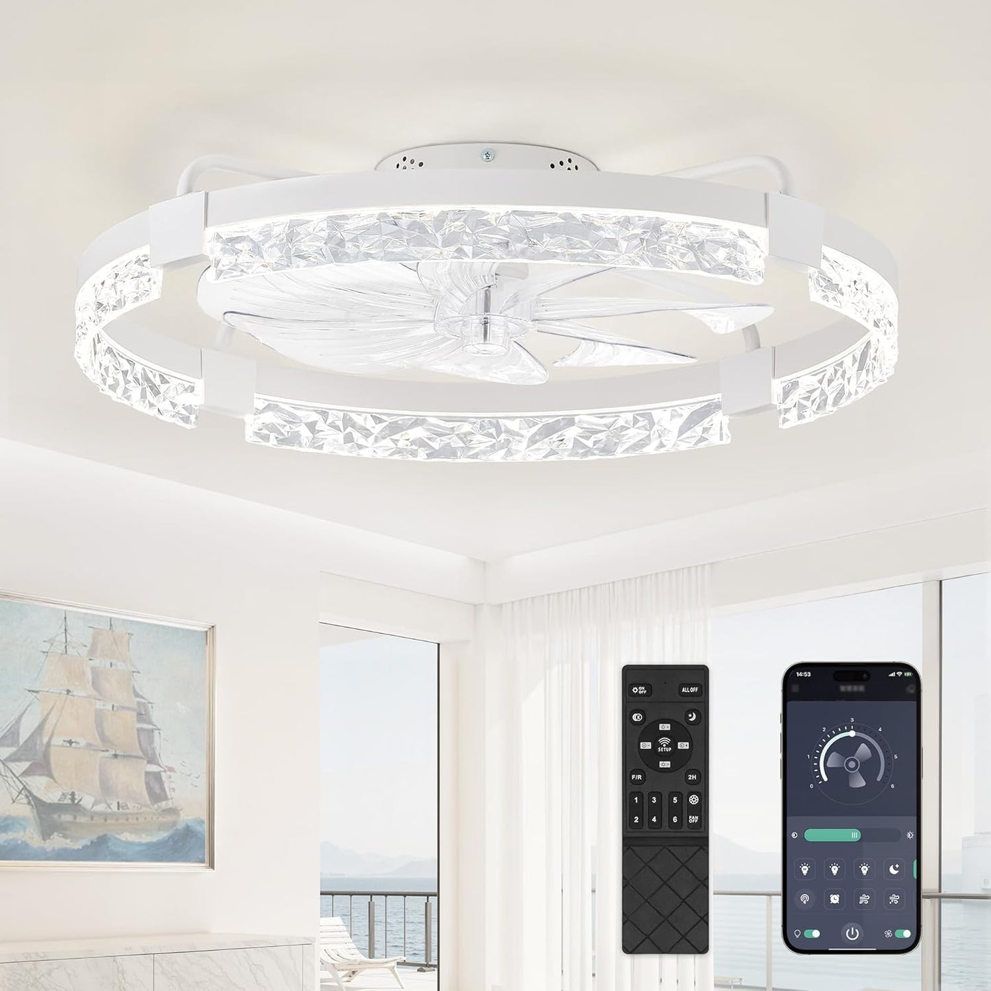 LEDIARY 20 Inch Low Profile Ceiling Fans with Lights and Remote, Fandelier Ceiling Fan Flush Mount, 3000K-6000K Dimmable LED Fan Light, White Modern Ceiling Fans with Lights for Bedroom