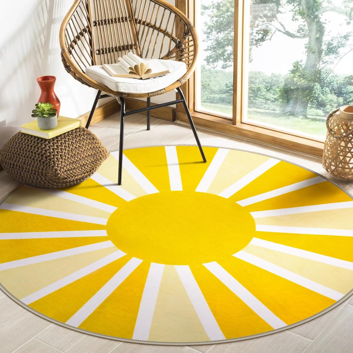 Lahome Boho Round Rugs - 4Ft Washable Non-Slip Small Round Area Rug Throw Soft Sofa Kids Nursery Room Rug Rainbow Sun Print Distressed Round Carpet for Bedroom Entryway Living Room Dining Room