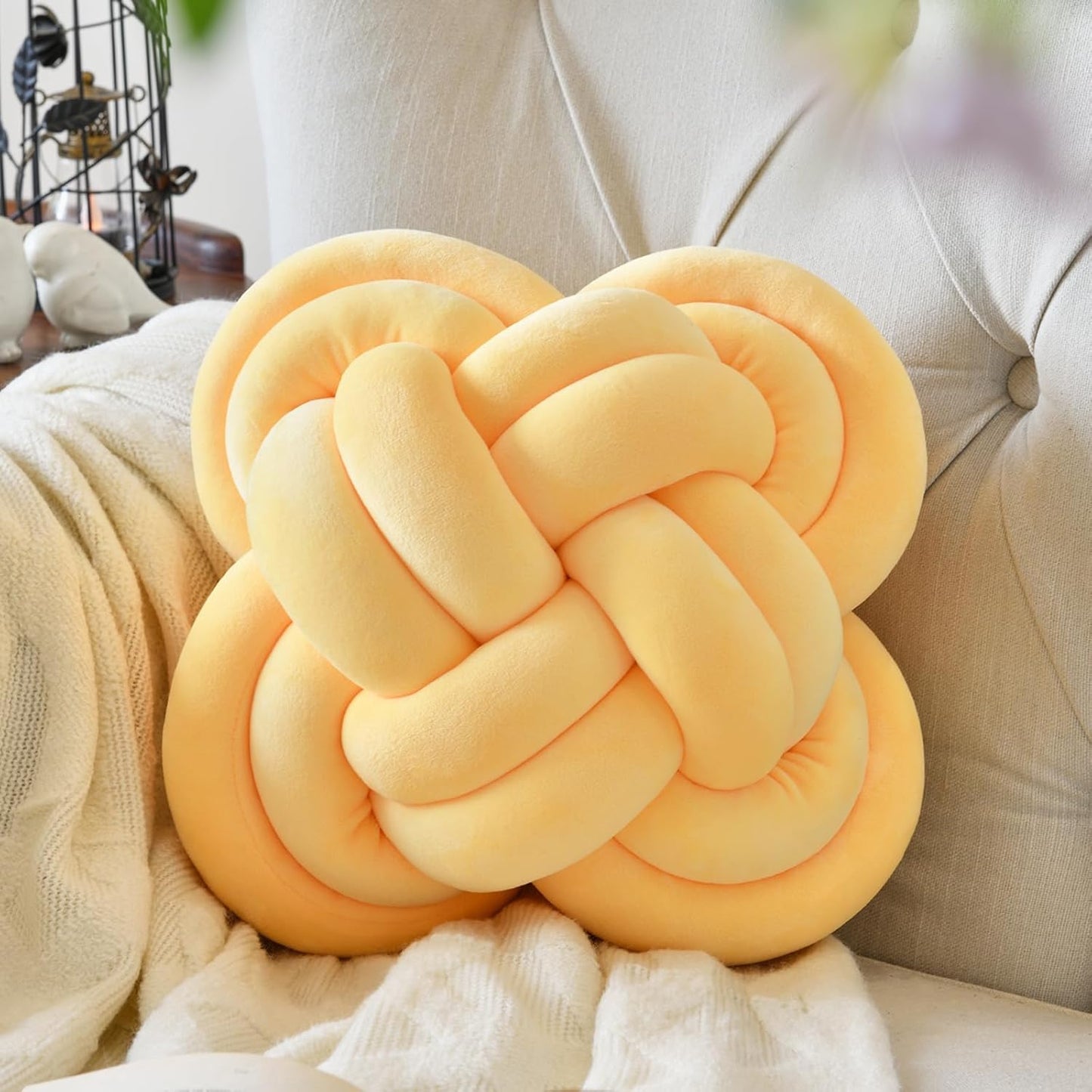 Xuyier Knot Pillow Ball, Decorative Throw Pillows with Velvet Fabric for Couch Bed, 12" Decor Knotted Square Floor Pillow Cushions for Living Room (12 Inches, Beige)