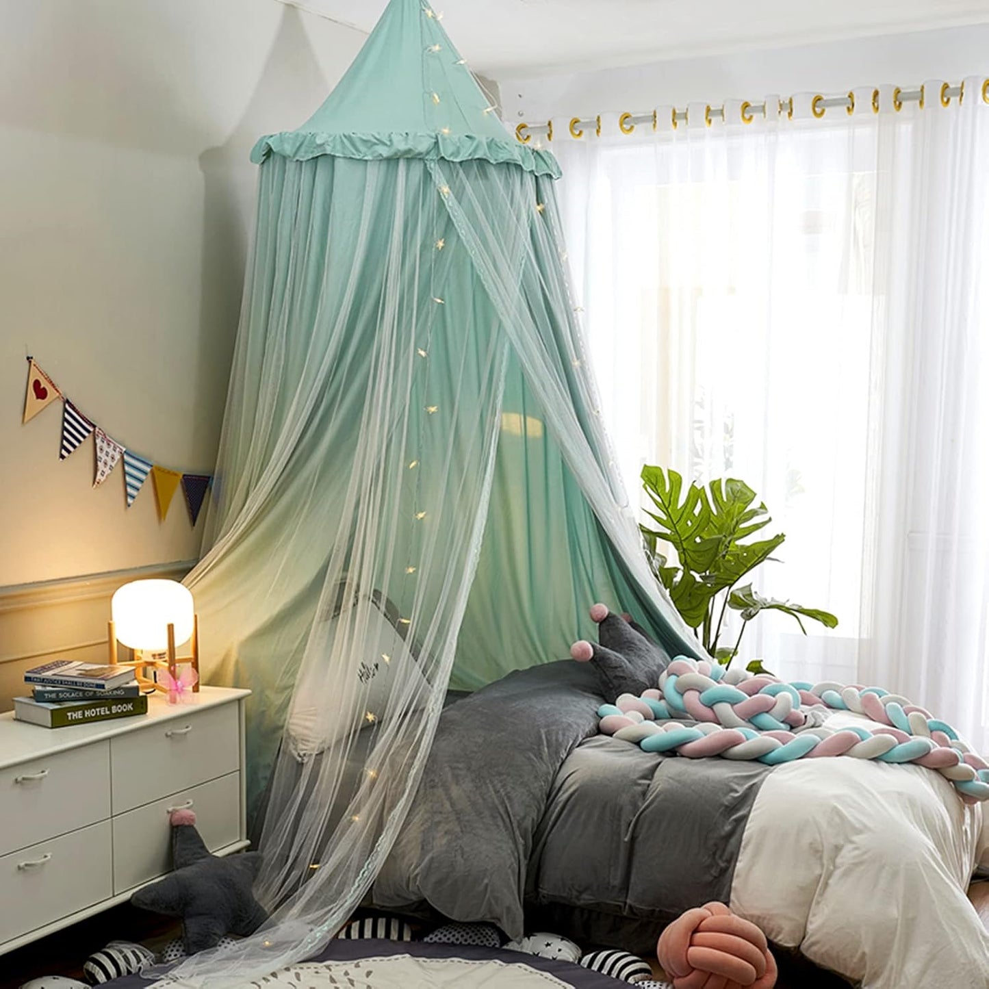 VETHIN Bed Canopy for Girls,Princess Round Dome Dreamy Mosquito Net Bedding Girls Room Castle Play Tent Hanging House Decor Reading Nook Canopies (JujubeRed)