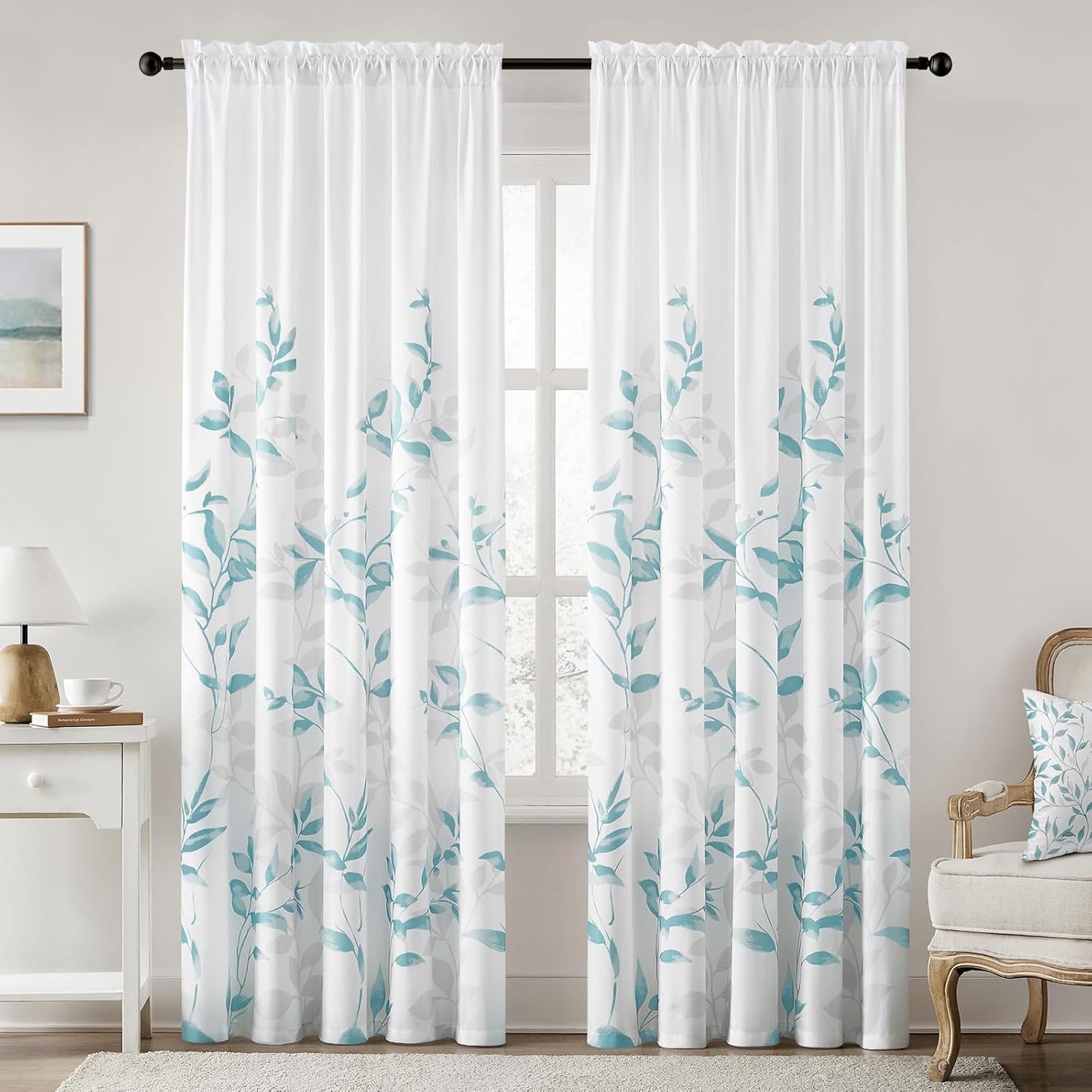 HOMEIDEAS Non-See-Through Pink and White Privacy Sheer Curtains 52 X 63 Inch Length 2 Panels, Leaf Floral Printed Light Filtering Semi Sheer Window Curtains Drapes for Bedroom Living Room