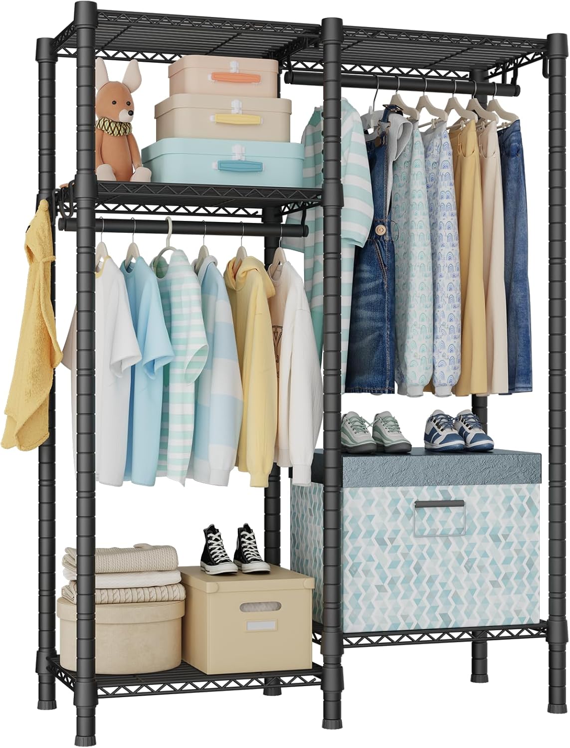 Ulif F1 Clothes Rack for Kids, Baby, Students, and Children's Room, 4 Tiers Portable Metal Closet Clothing Rack, Small Garment Rack with 2 Hanging Rod, 31.2" W x 11.8" D x 48" H, Pink
