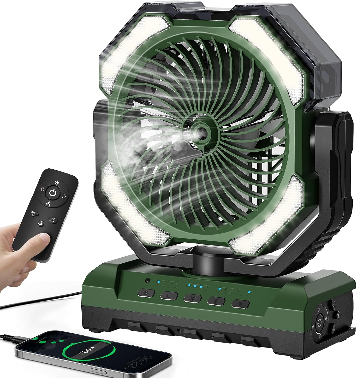 20000mAh Portable Misting Fan, USB Rechargeable Camping Fan with LED Light, Battery Operated for Outdoor, Tents, Beach, Travel - 250mL Water Tank & Hook Included, Black.