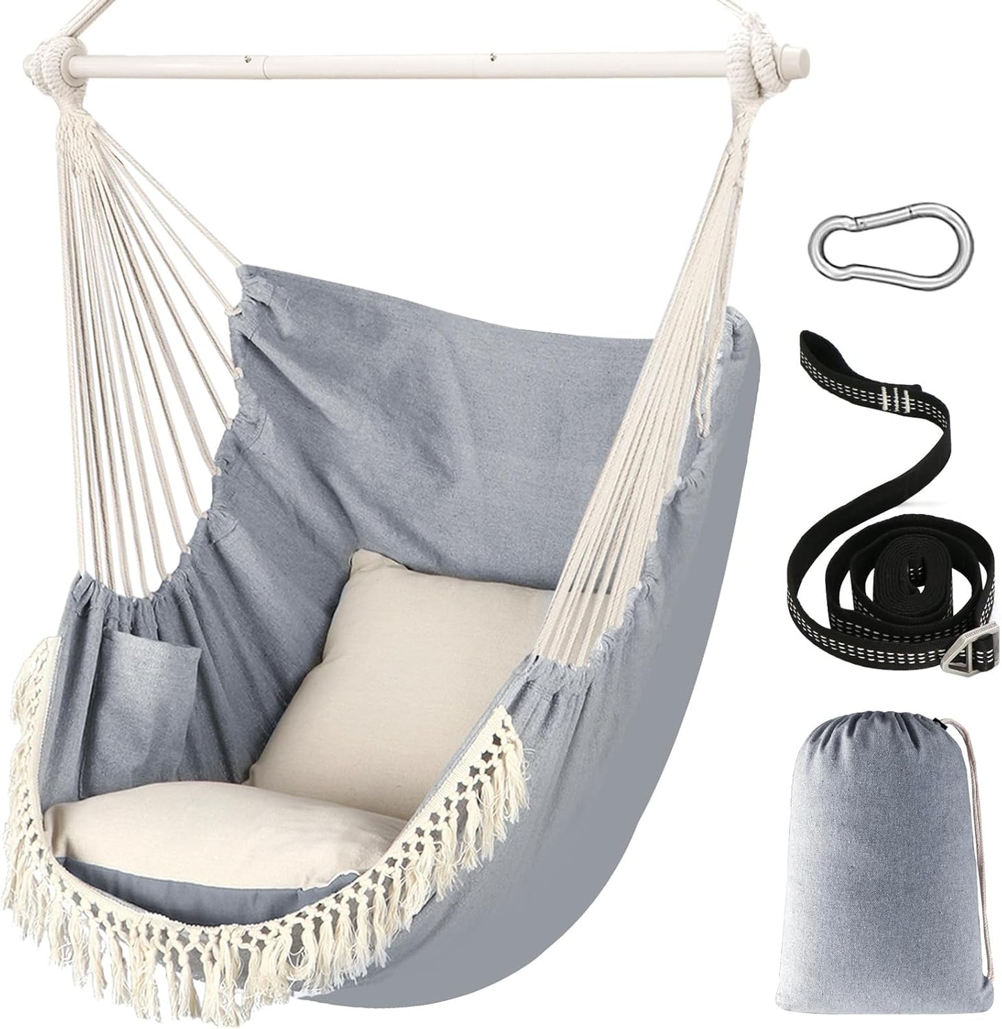 Chihee Hammock Chair Hanging Swing Max 500 Lbs 2 Cushions Included Steel Spreader Bar with Anti-Slip Grooves Portable Hanging Chair Side Pocket Large Macrame Bohemian Chair Indoor Outdoor