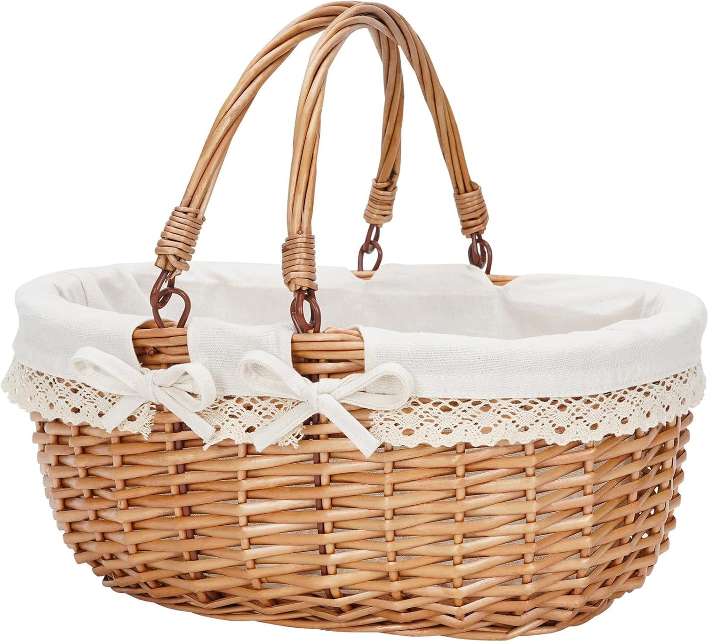 G GOOD GAIN Wicker Picnic Basket with Double Folding Handles,Willow Picnic Hamper,Natural Hand Woven Easter Basket,Easter Eggs and Candy Basket,Bath Storage,Gift Packing Basket.White