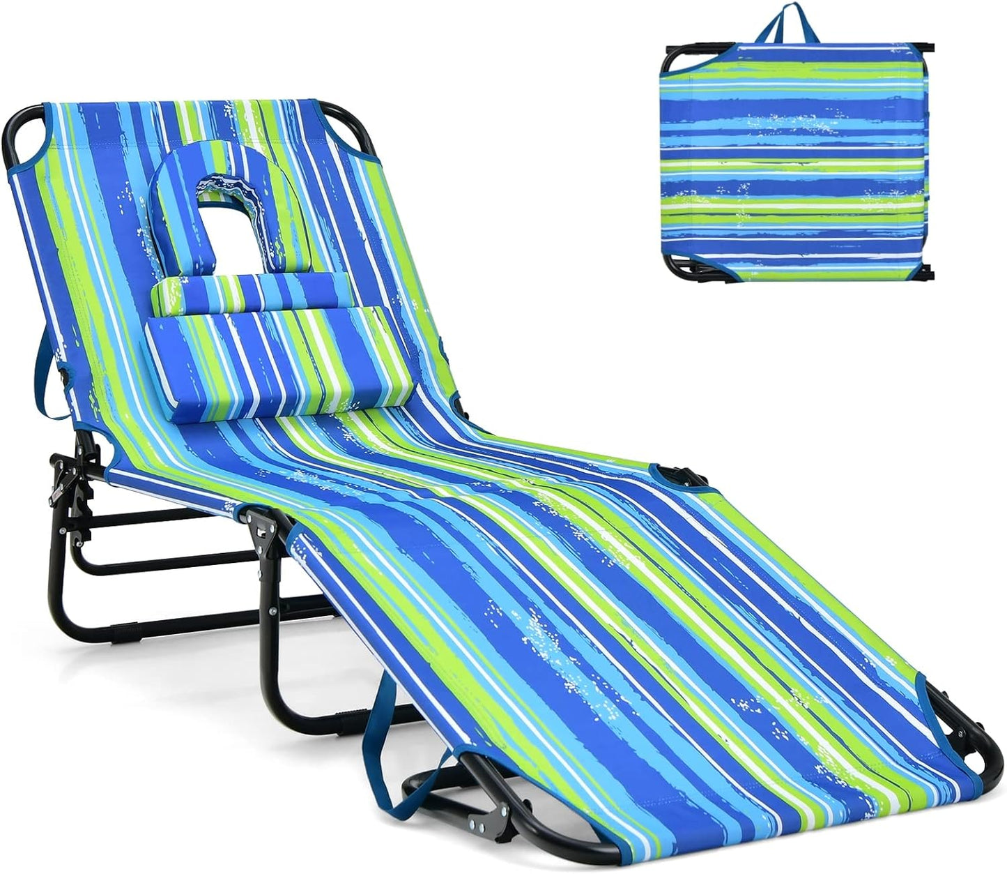 GYMAX Tanning Chair, 330lbs Beach Lounge Chair with Face Hole, Washable Pillow & Carry Strap, Adjustable Folding Chaise Lounge, Layout Chair for Outside, Patio, Poolside, Lawn (1, Stripe)