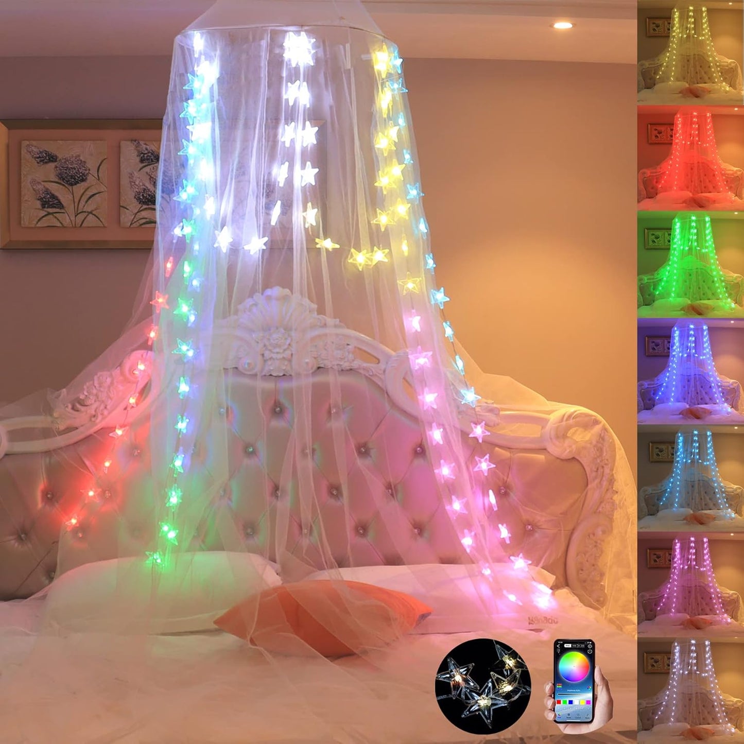 Comtelek Bed Canopy with Lights,Mosquito Net Bed Canopy for Girls Canopy Bed Curtains Full Queen Size from Ceiling,Dome Mosquito Netting Bed Tent Twin Girls Princess Canopy King Bed Decor
