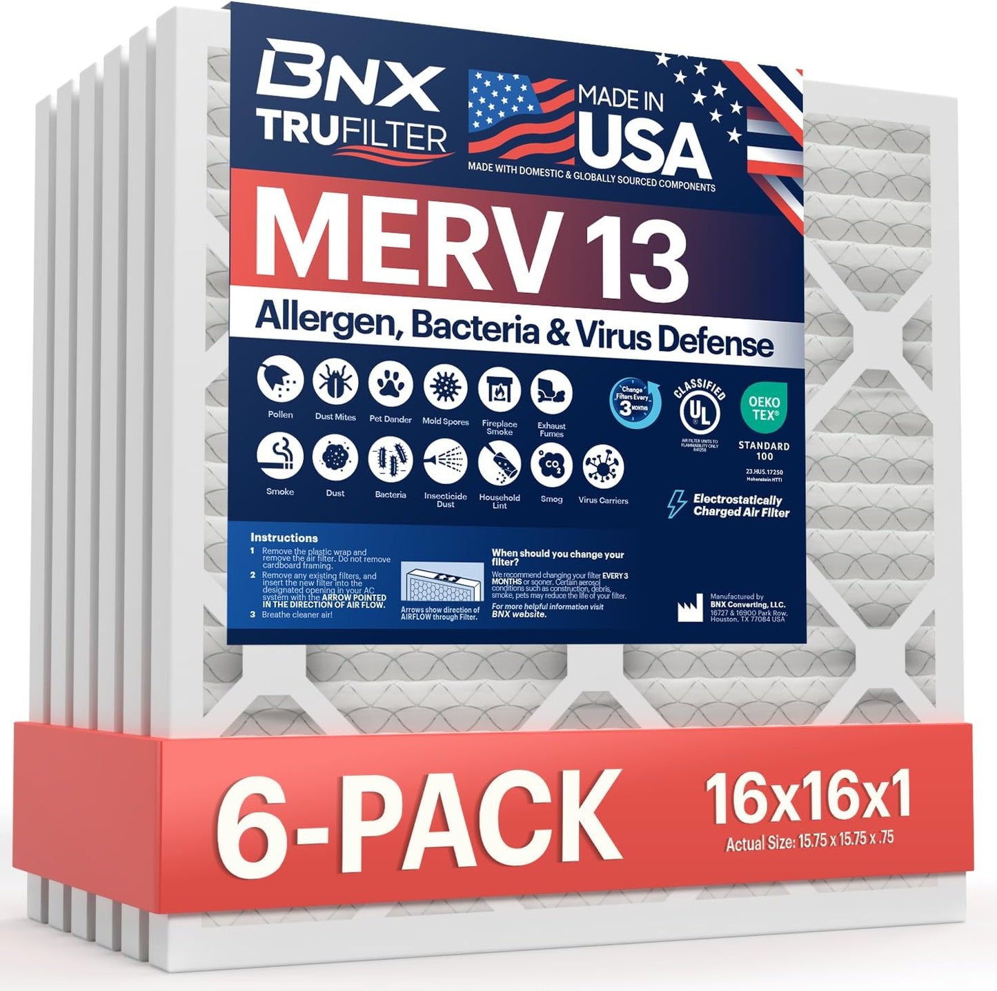 BNX TruFilter 20x20x1 MERV 13 (4-Pack) AC Furnace Air Filter - MADE IN USA - Electrostatic Pleated Air Conditioner HVAC AC Furnace Filters - Removes Pollen, Mold, Bacteria, Smoke