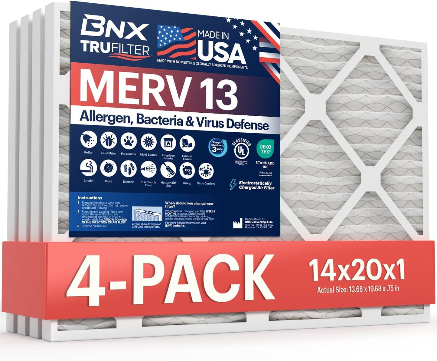 BNX TruFilter 20x20x1 MERV 13 (4-Pack) AC Furnace Air Filter - MADE IN USA - Electrostatic Pleated Air Conditioner HVAC AC Furnace Filters - Removes Pollen, Mold, Bacteria, Smoke