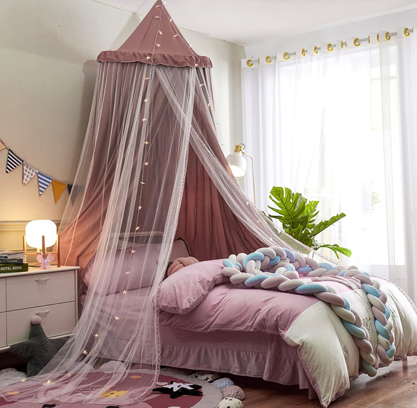 VETHIN Bed Canopy for Girls,Princess Round Dome Dreamy Mosquito Net Bedding Girls Room Castle Play Tent Hanging House Decor Reading Nook Canopies (JujubeRed)