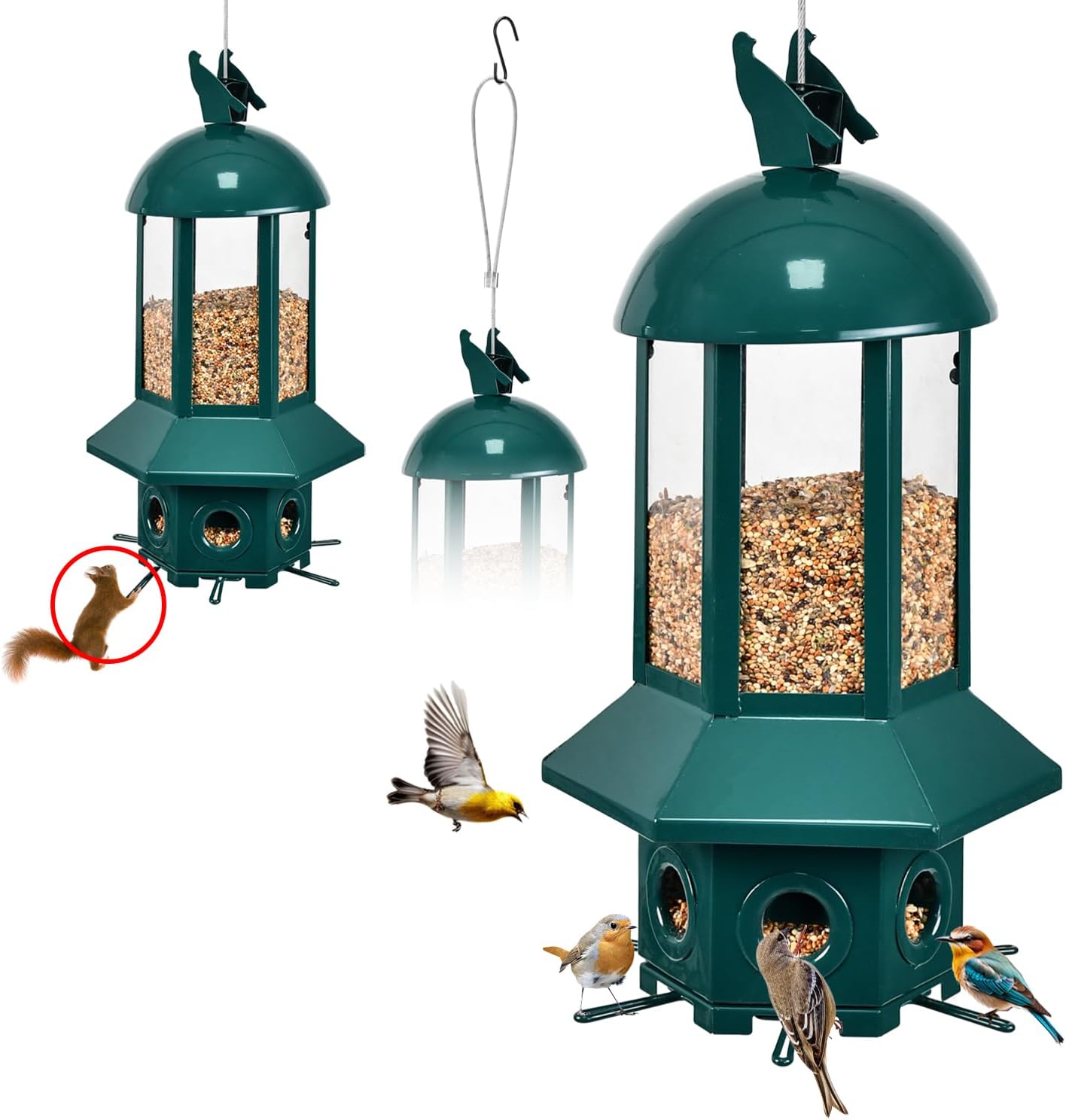 Professional Squirrel Proof Bird Feeders - Sorflife Large Capacity 5.06 lbs, Reliable and Rust Resistant Metal Bird Feeding Station for Prevents Squirrels from Stealing Food and Easy Refilling Brown
