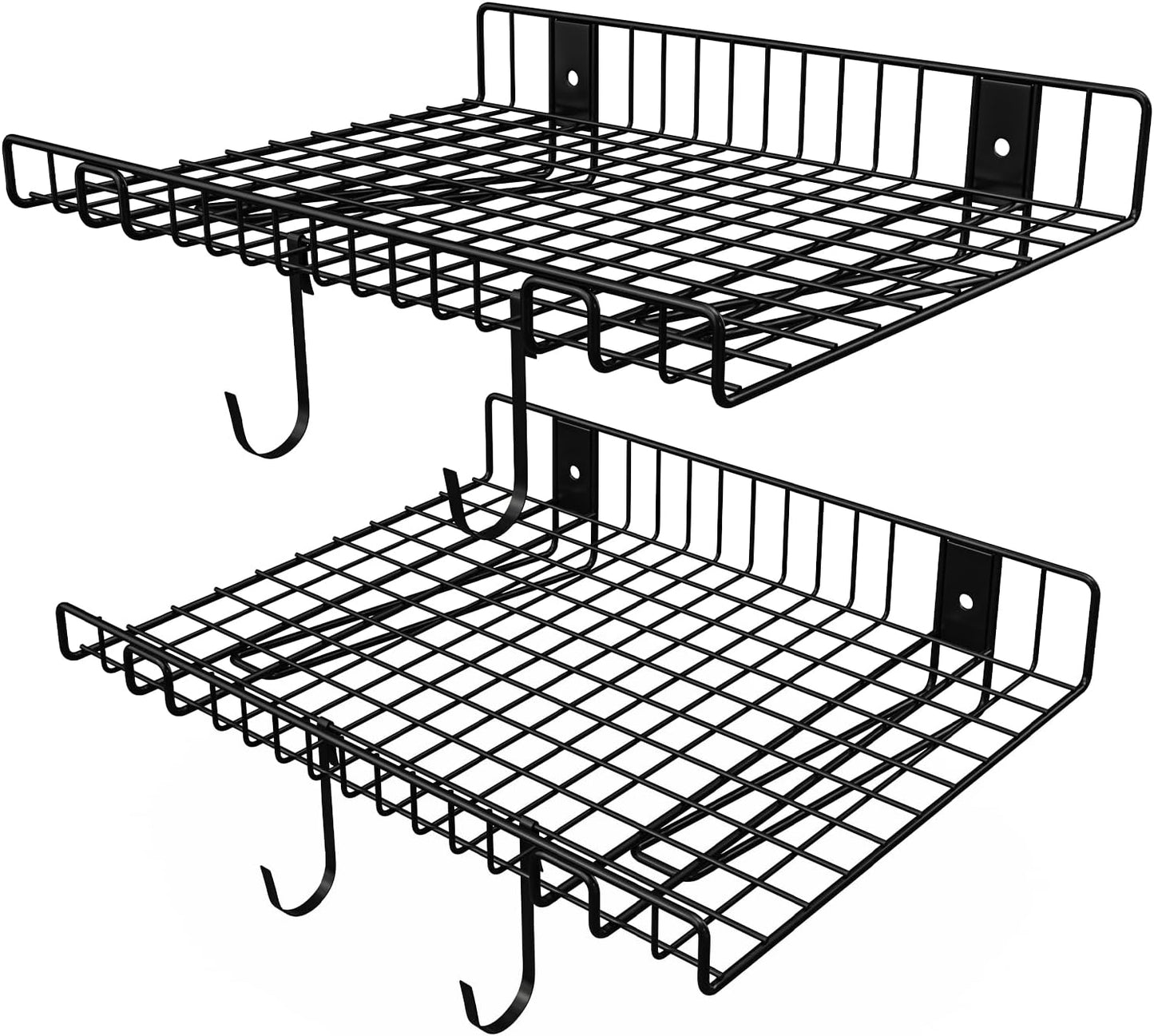 4 Pack Garage Wall Shelf, Garage Wall Mounted Shelving, Heavy Duty Floating Shelves With 8 Hooks, Loads 180 LBS Black Wall Shelves Mesh Storage Rack for Office, Basement, Wall Cabinet and Kitchen