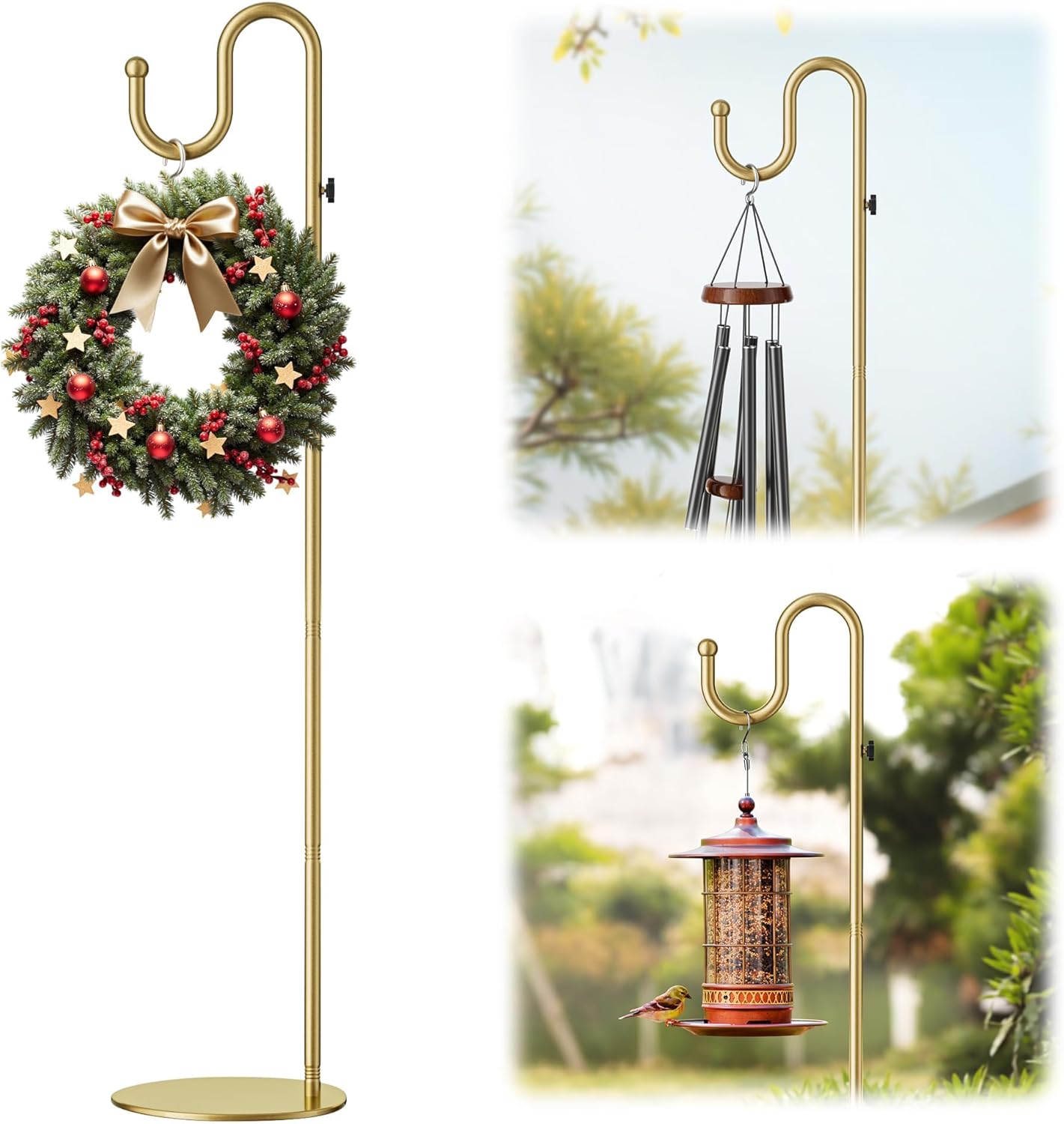 saffruff 74" Shepherds Hook Stand: Hanging Wind Chimes, Bird Feeders, Plants, Lanterns and Wreath, Adjustable Free Standing Pole Holder with Heavy Duty Base for Indoor & Outdoor, Holds Up to 20 LBS