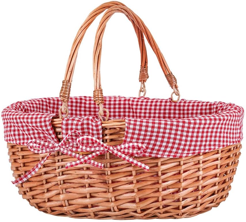 Large Wicker Picnic Basket with Handles,Handle Sturdy Woven Body with Removable and Washable Lining,Outdoor Camping,Gift Packing,Garden Picking, Storage.White Flower