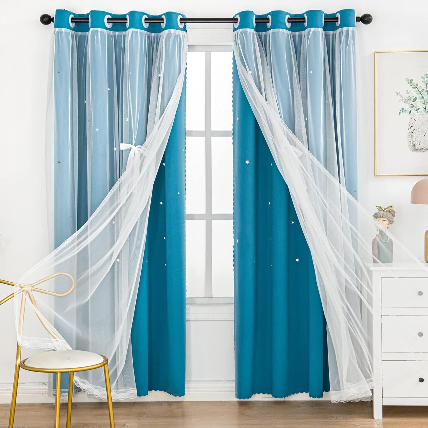 UNISTAR 2 Panels Stars Blackout Curtains for Bedroom Girls Kids Baby Window Decoration Double Layer Star Cut Out Aesthetic Living Room Decor Wall Home Curtain,W52 x L63 Inches,Pink
