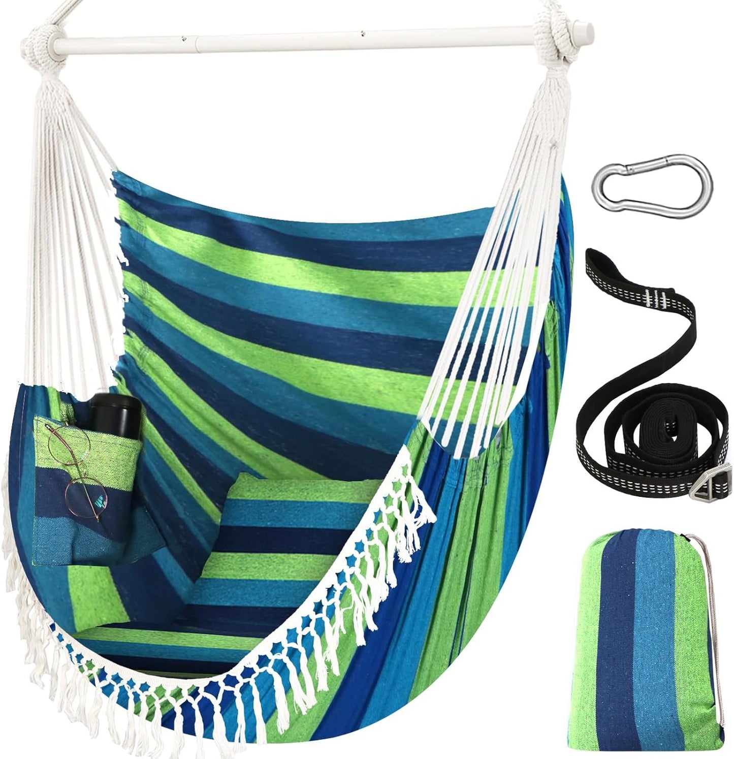 Chihee Hammock Chair Hanging Swing Max 500 Lbs 2 Cushions Included Steel Spreader Bar with Anti-Slip Grooves Portable Hanging Chair Side Pocket Large Macrame Bohemian Chair Indoor Outdoor