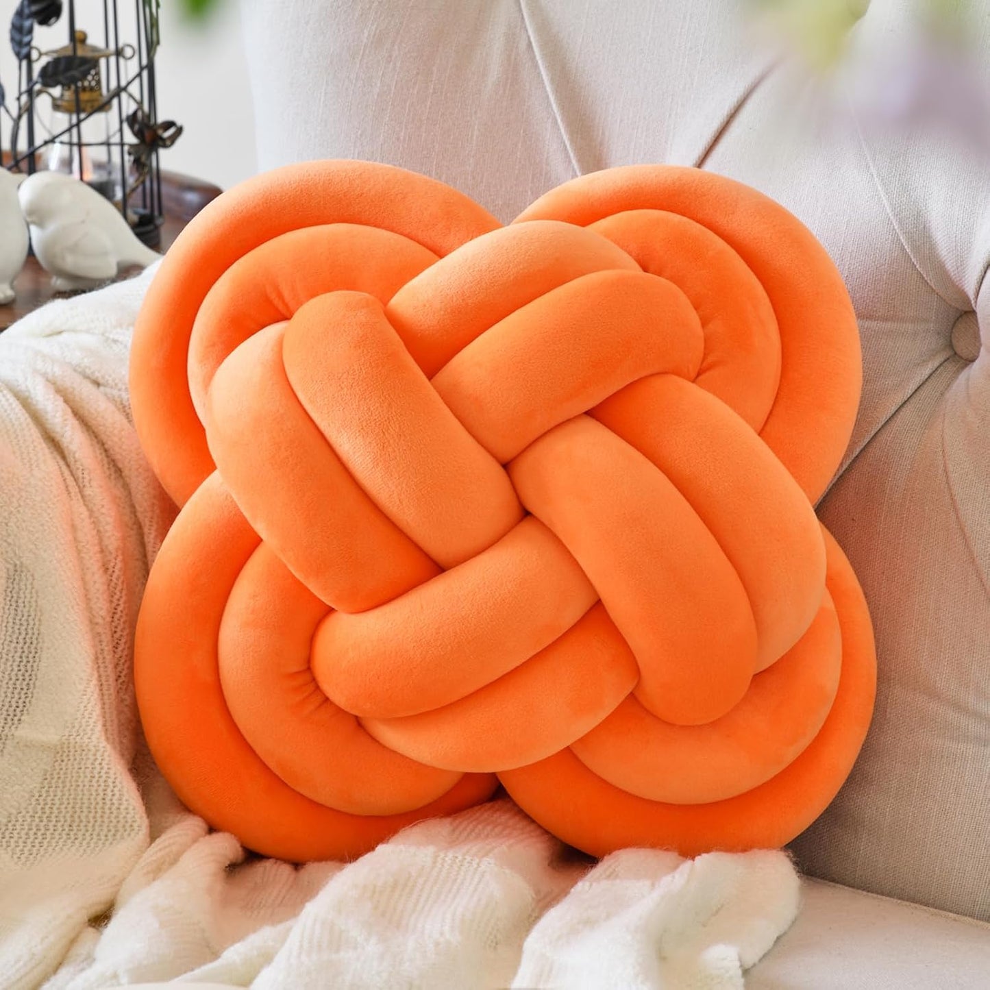 Xuyier Knot Pillow Ball, Decorative Throw Pillows with Velvet Fabric for Couch Bed, 12" Decor Knotted Square Floor Pillow Cushions for Living Room (12 Inches, Beige)