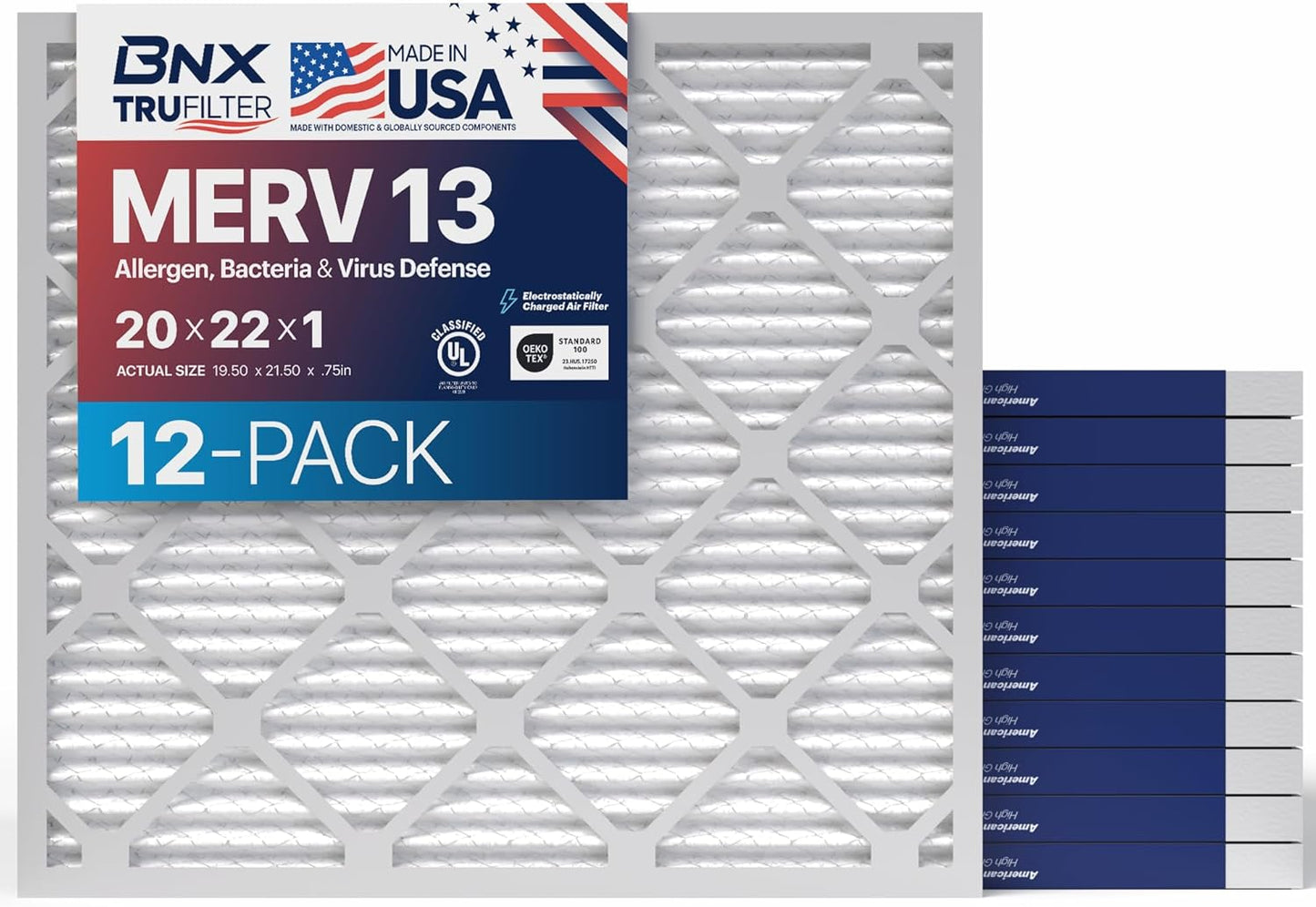 BNX TruFilter 20x20x1 MERV 13 (4-Pack) AC Furnace Air Filter - MADE IN USA - Electrostatic Pleated Air Conditioner HVAC AC Furnace Filters - Removes Pollen, Mold, Bacteria, Smoke