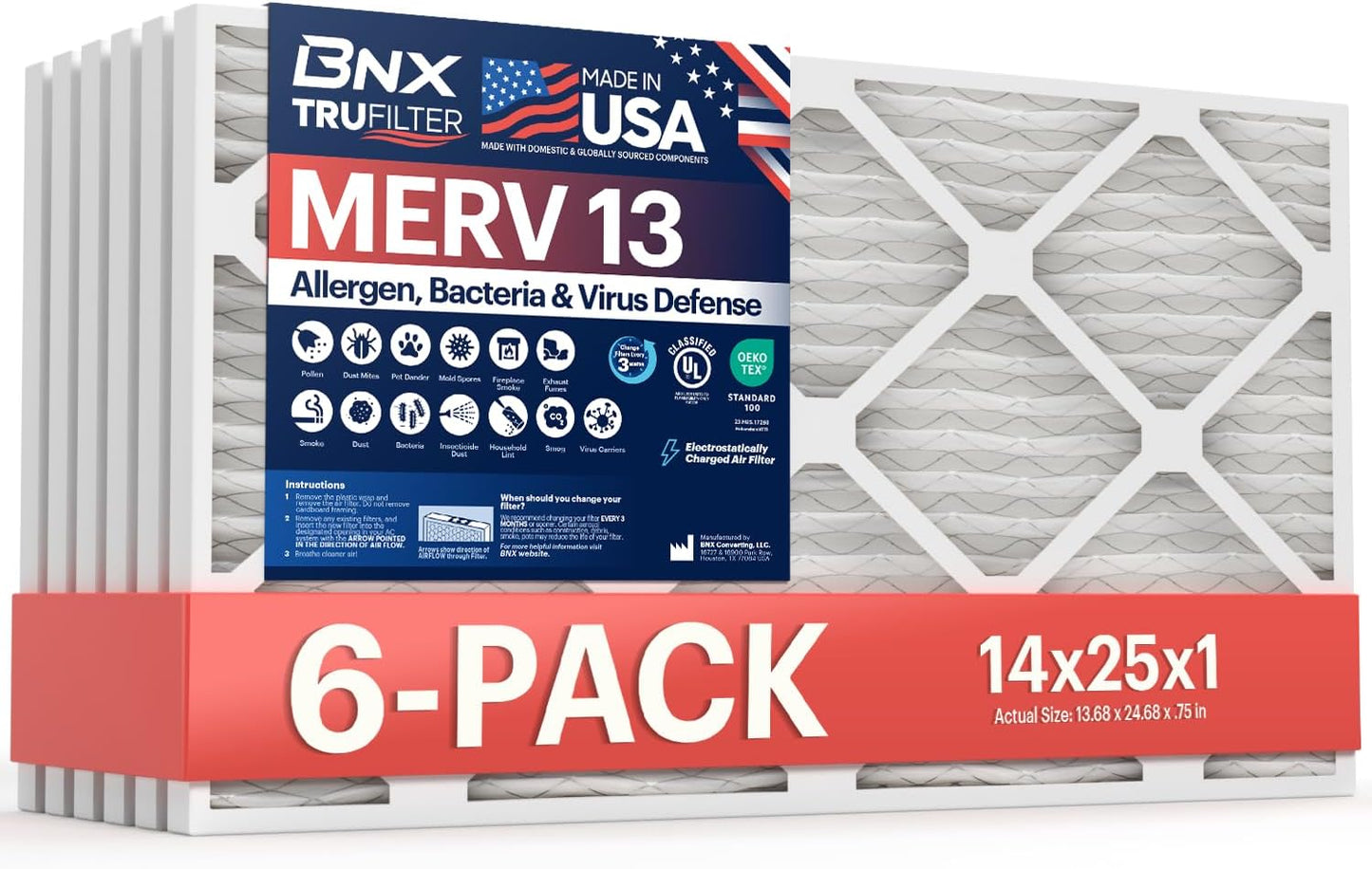 BNX TruFilter 20x20x1 MERV 13 (4-Pack) AC Furnace Air Filter - MADE IN USA - Electrostatic Pleated Air Conditioner HVAC AC Furnace Filters - Removes Pollen, Mold, Bacteria, Smoke