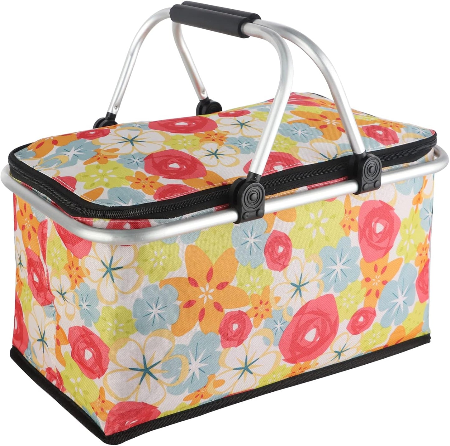 Insulated Picnic Basket,Leak-Proof Collapsible Cooler Bag,26L Grocery Basket with Lid,2 Sturdy Handles,Storage Basket for Picnic,Food Delivery,Take Outs,Market Shopping,Travel (Blue)