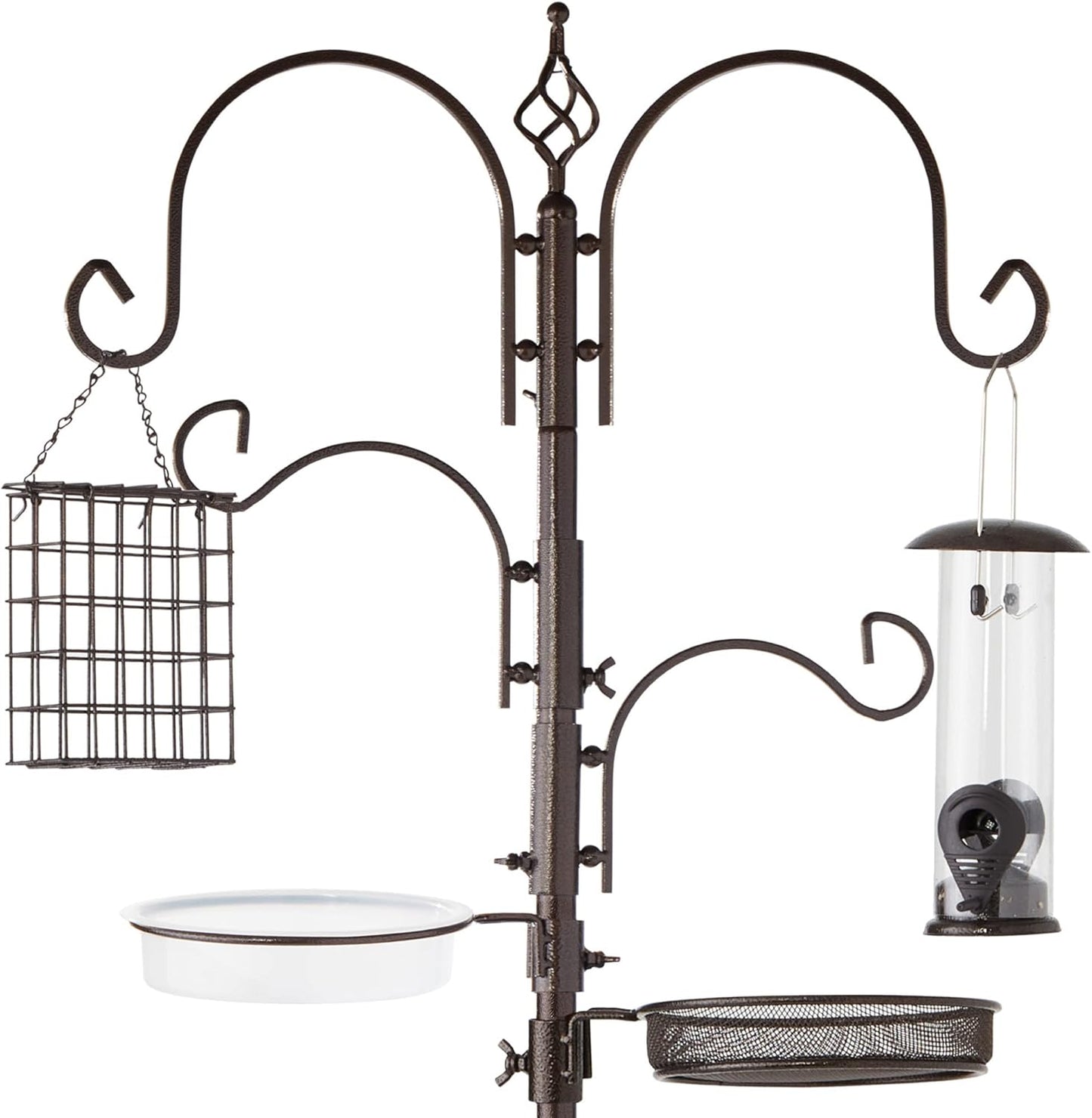 Best Choice Products 91in 4-Hook Bird Feeding Station, Steel Multi-Feeder Kit Stand for Attracting Wild Birds w/ 2 Bird Feeders, Mesh Tray, Bird Bath, 4-Prong Base - Black