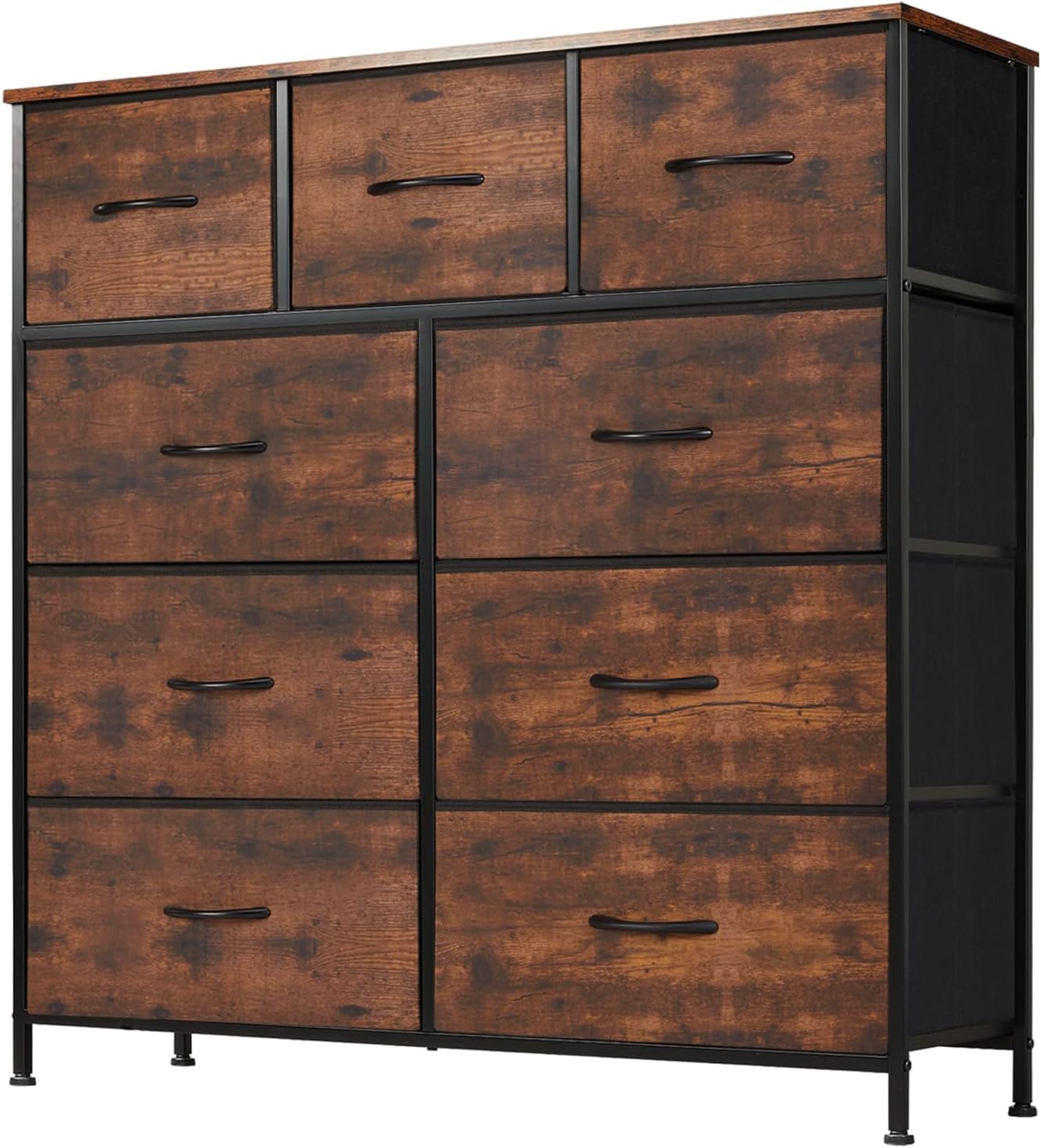 DUMOS Dresser for Bedroom, Storage Organizer with 9 Drawers, Chest of Drawers with Fabric Bins, Sturdy Metal Frame, Wood Tabletop for Guest Room, Closet, Entryway, White