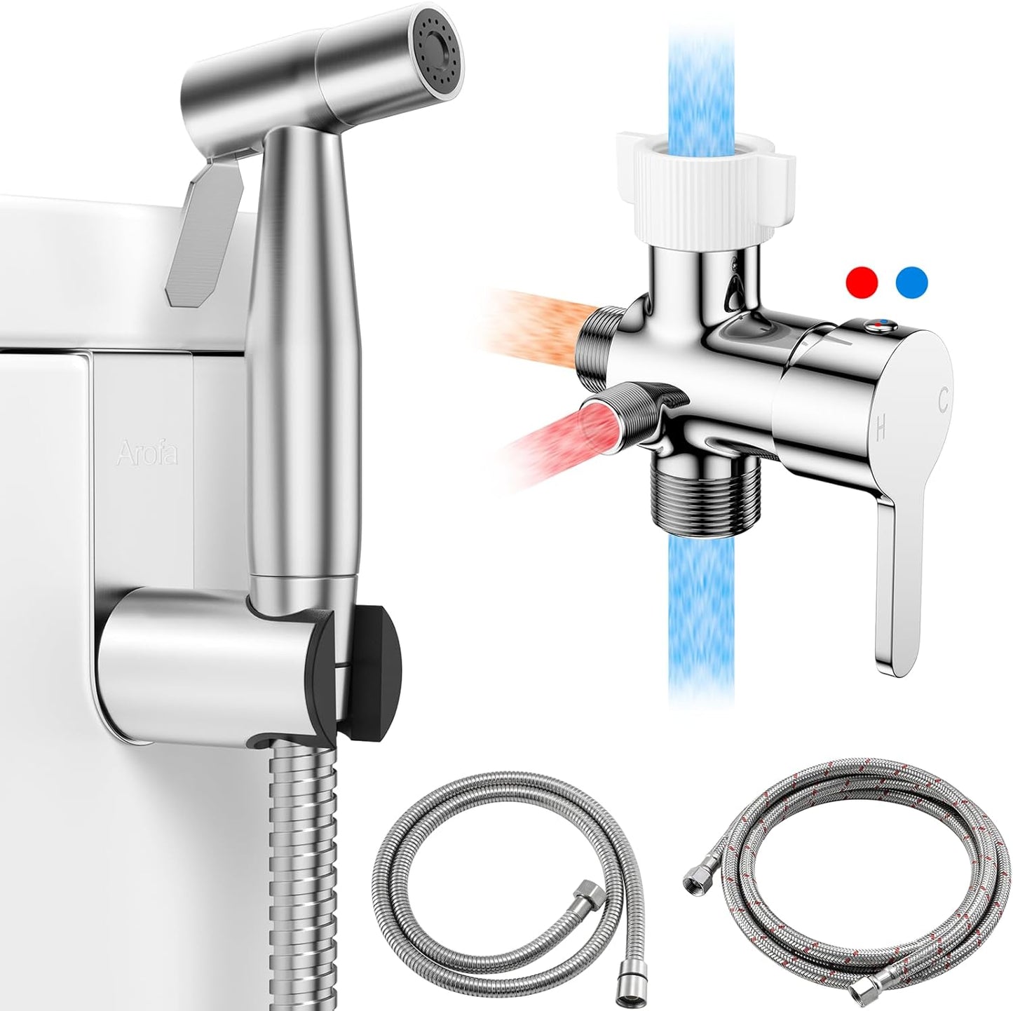 Arofa Handheld Toilet Bidet Sprayer for Toilet-Adjustable Water Pressure Control with Bidet Hose for Feminine Wash, Stainless Steel Brushed Nickel Bidet Faucet Cloth Diaper for Baby Wash