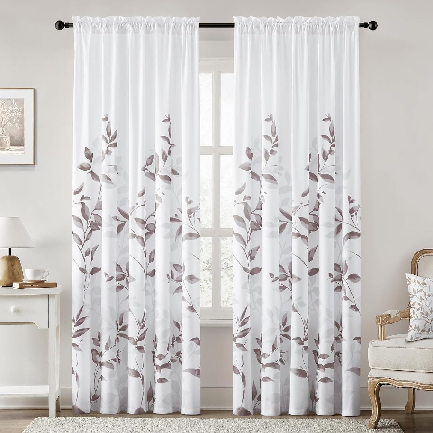 HOMEIDEAS Non-See-Through Pink and White Privacy Sheer Curtains 52 X 63 Inch Length 2 Panels, Leaf Floral Printed Light Filtering Semi Sheer Window Curtains Drapes for Bedroom Living Room